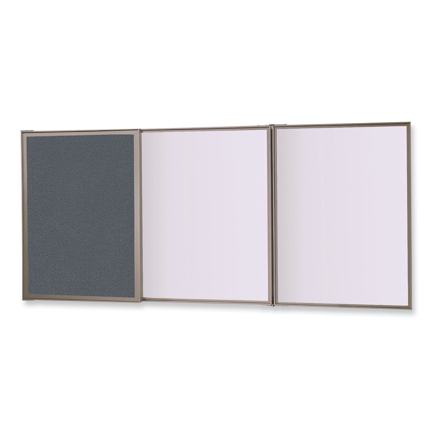 Ghent VisuALL PC Whiteboard Cabinet with Fabric Bulletin Board Exterior Doors, 36" x 24", Gray/White Surface, Satin Aluminum Frame