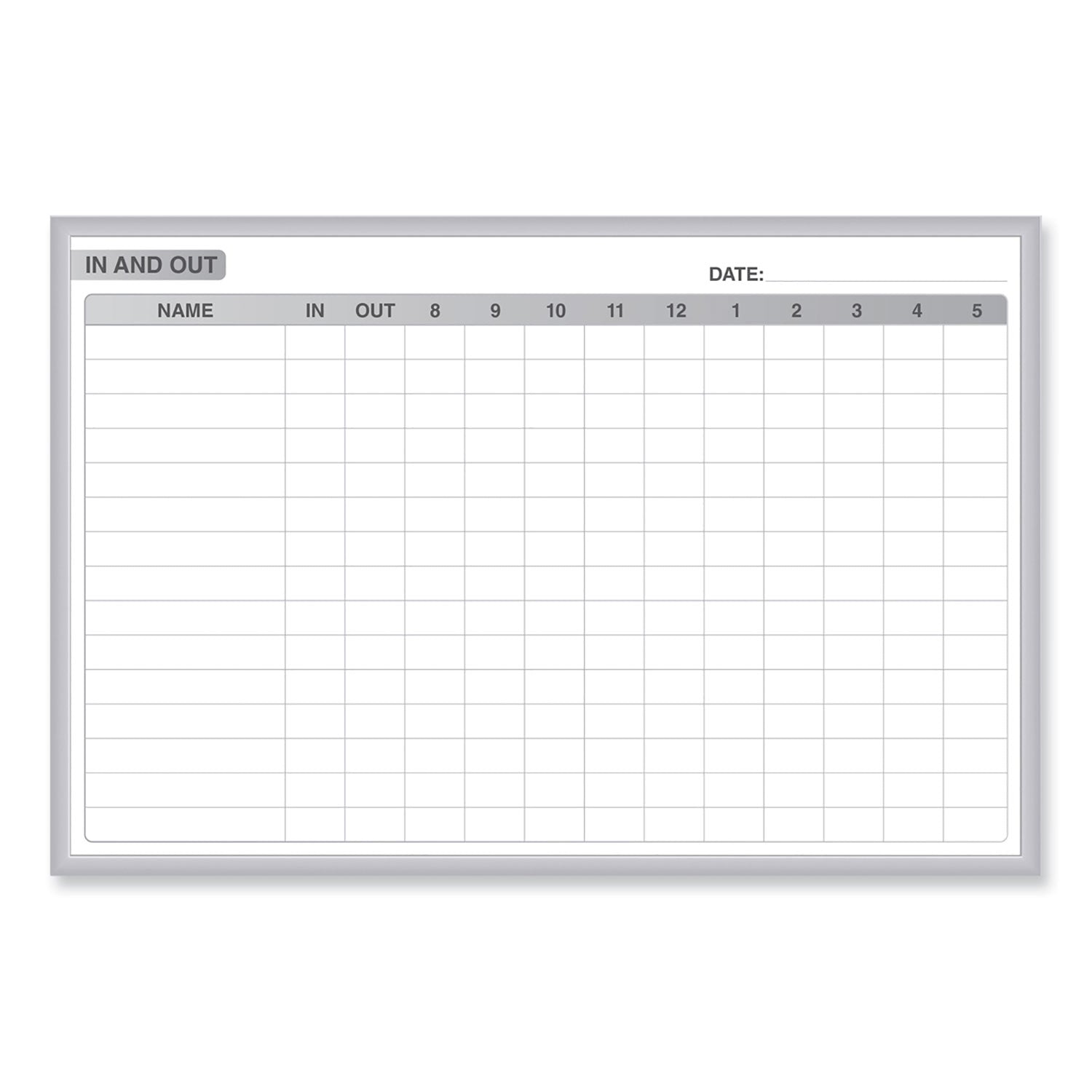 Ghent In/Out Magnetic Whiteboard, Personnel In/Out Tracking Chart, 48.5" x 36.5", White/Gray Surface, Satin Aluminum Frame