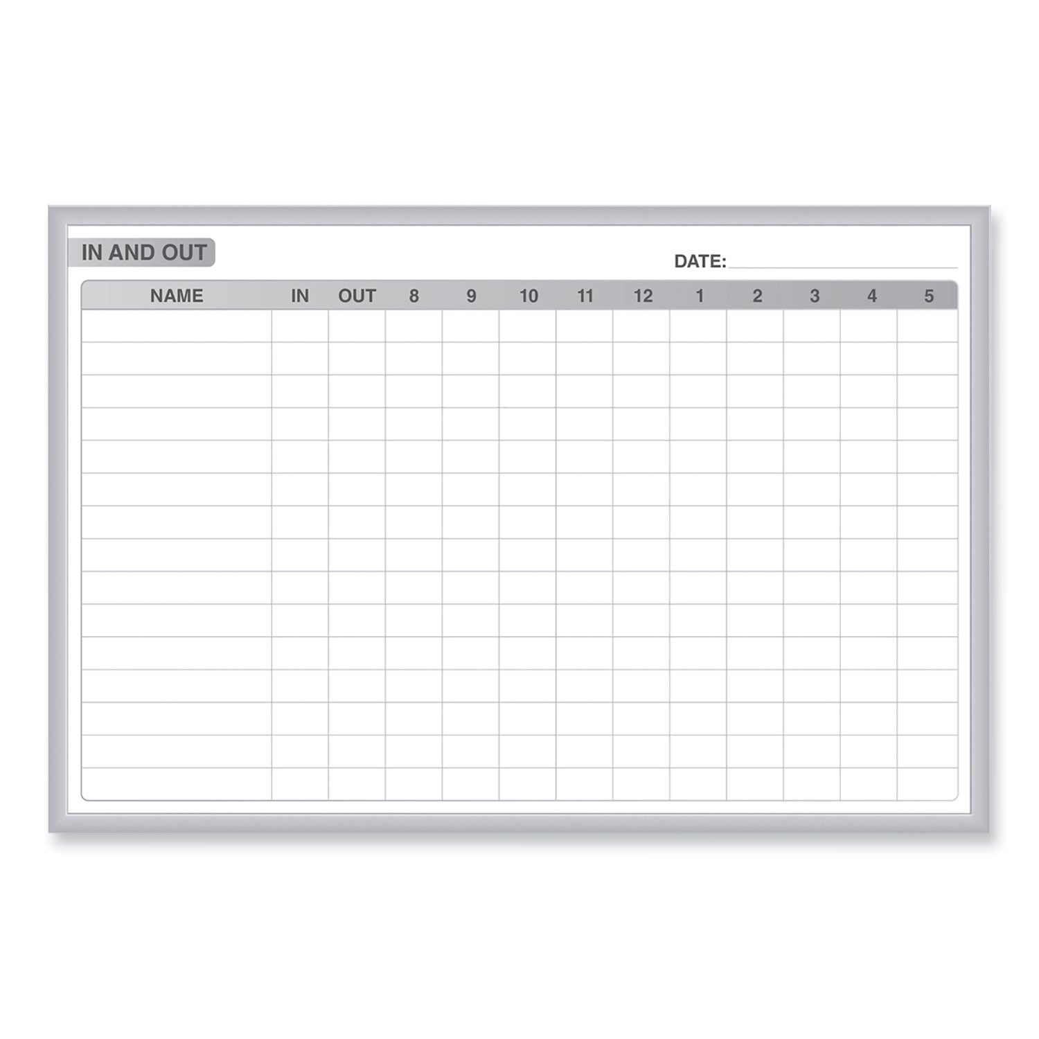 Ghent In/Out Magnetic Whiteboard, Personnel In/Out Tracking Chart, 72.5" x 48.5", White/Gray Surface, Satin Aluminum Frame