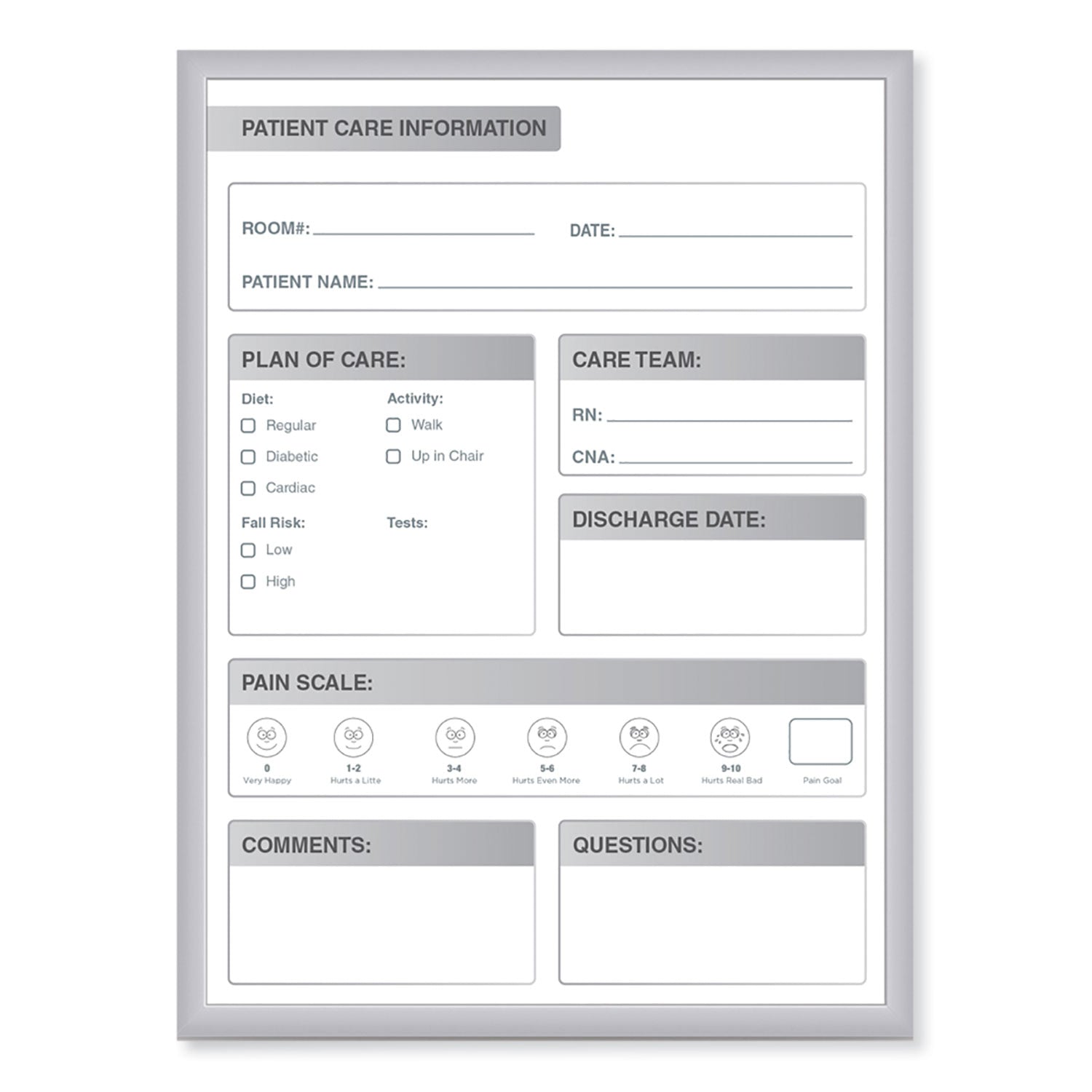 Ghent Patient Room Magnetic Whiteboard, Hospital Patient Chart, 18.5" x 24.5", White/Gray Surface, Satin Aluminum Frame
