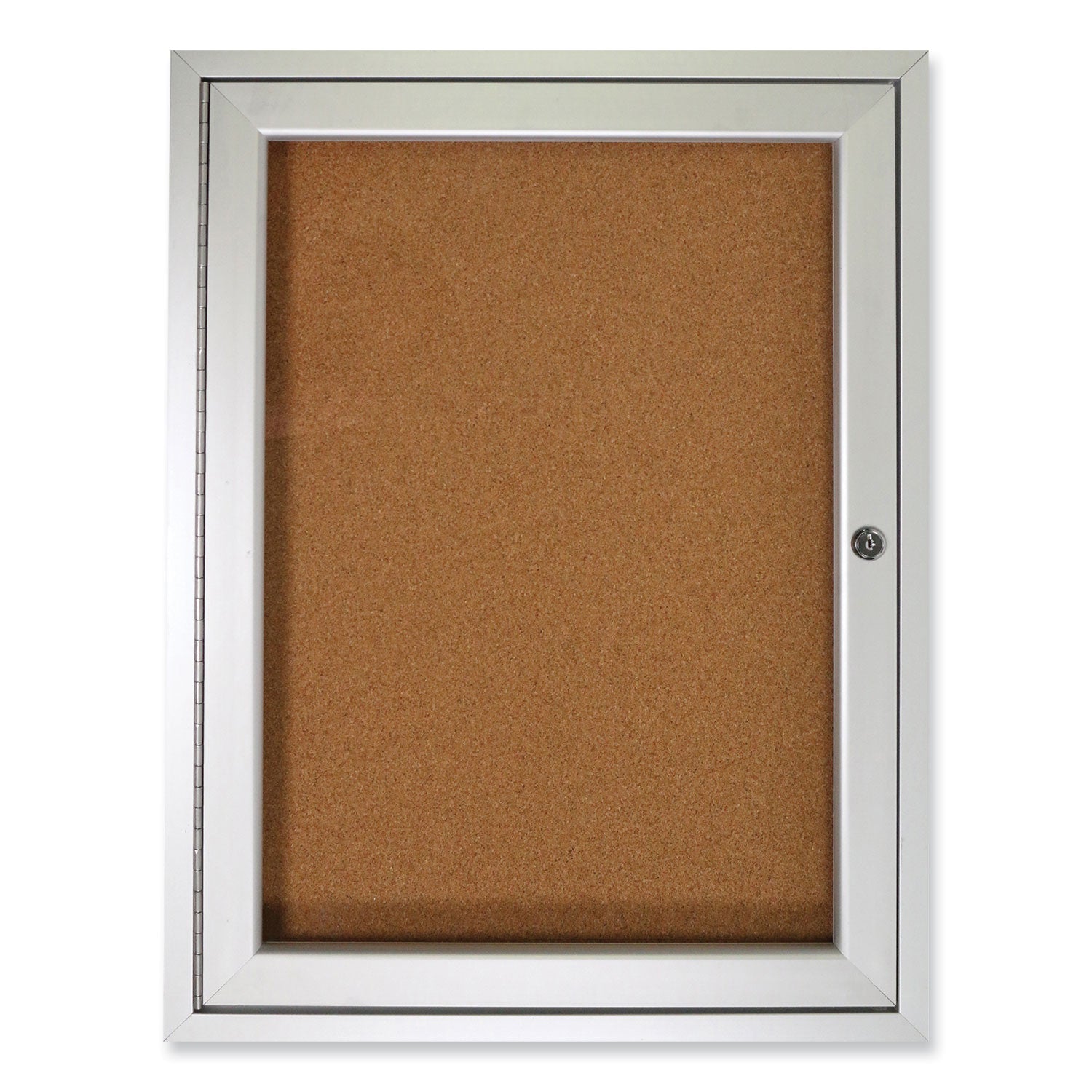 Ghent 1 Door Enclosed Natural Cork Bulletin Board with Satin Frame, 24" x 36", Tan Surface, Satin Aluminum Frame