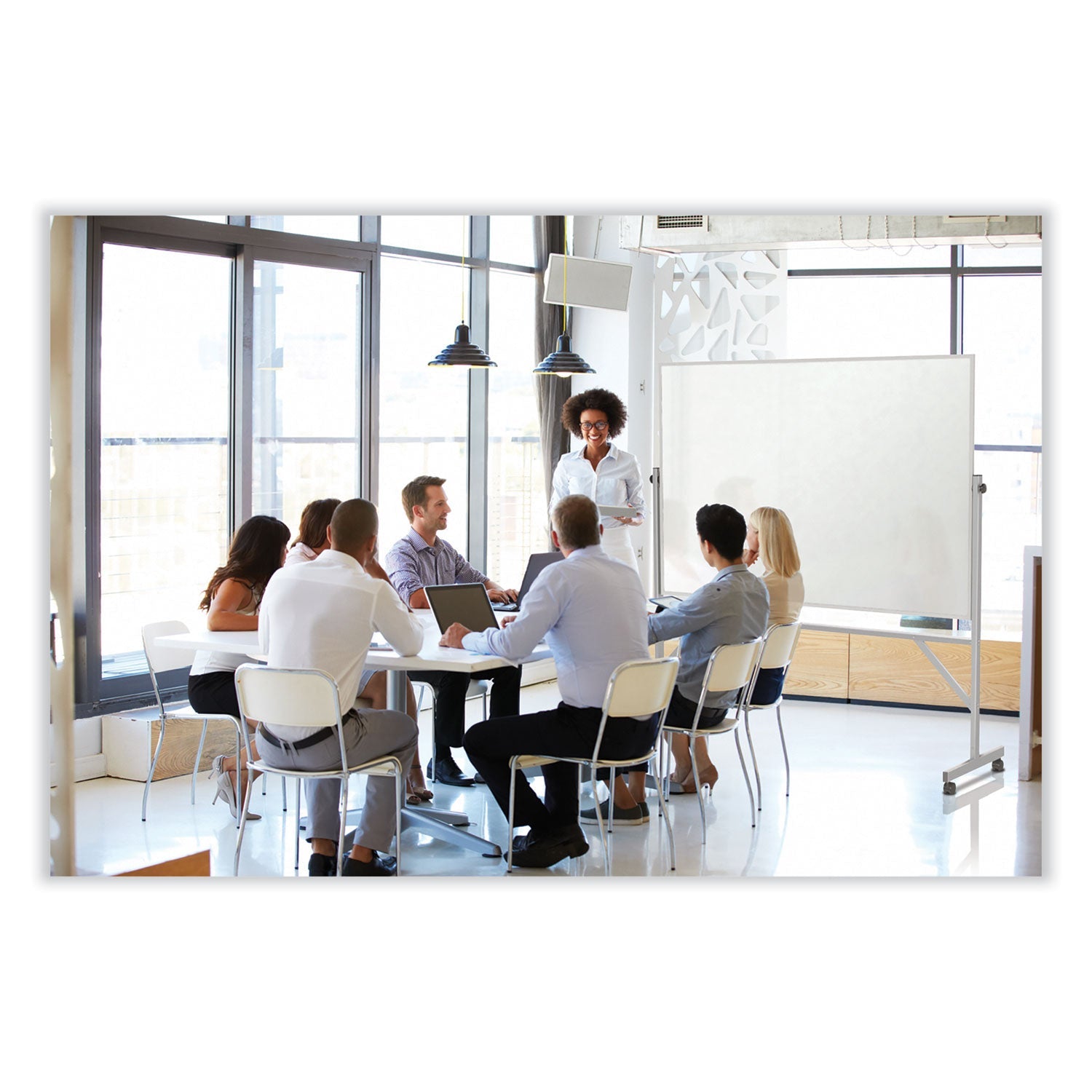 Ghent Reversible Magnetic Porcelain Whiteboard with Aluminum Frame, 77.25" x 78.13", White Surface, Satin Aluminum Frame
