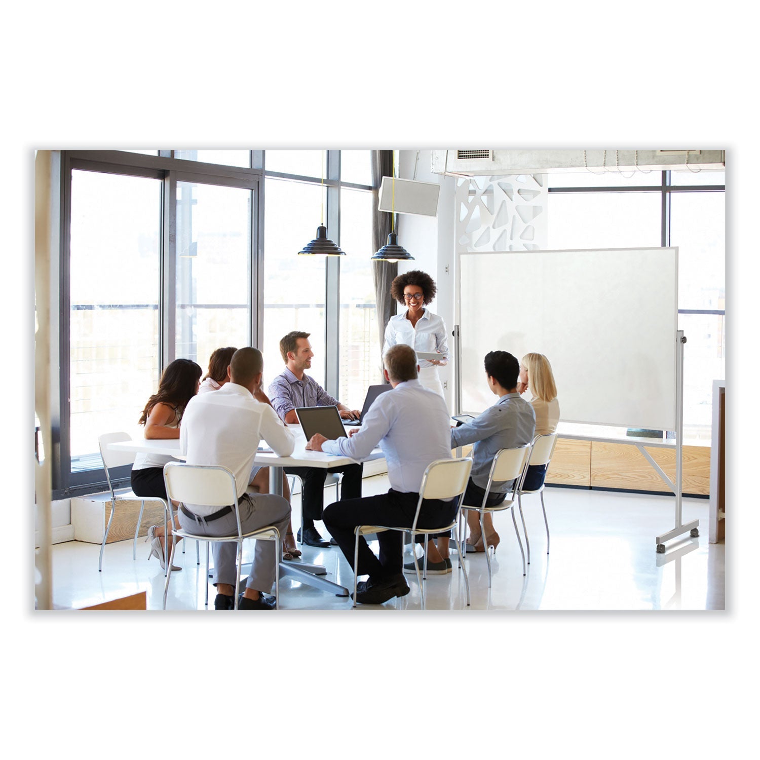 Ghent Reversible Magnetic Porcelain Whiteboard with Aluminum Frame, 101.25" x 78.25", White Surface, Satin Aluminum Frame