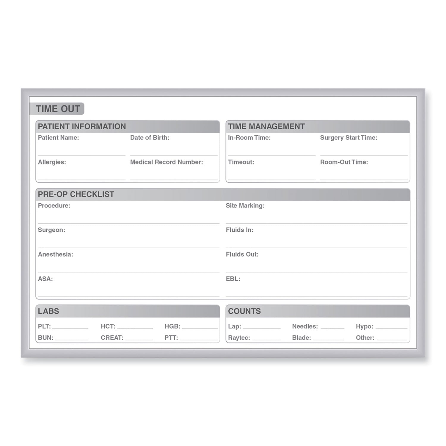 Ghent Time Out Magnetic Whiteboard, Patient/Staff Time Management Chart, 36" x 24", White/Gray Surface, Satin Aluminum Frame