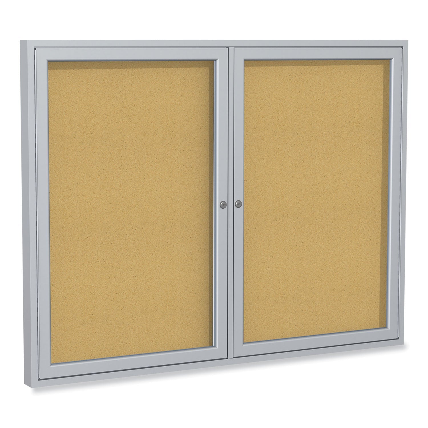 Ghent 2 Door Enclosed Natural Cork Bulletin Board with Satin Frame, 48" x 36", Tan Surface, Satin Aluminum Frame - Bloom Skins