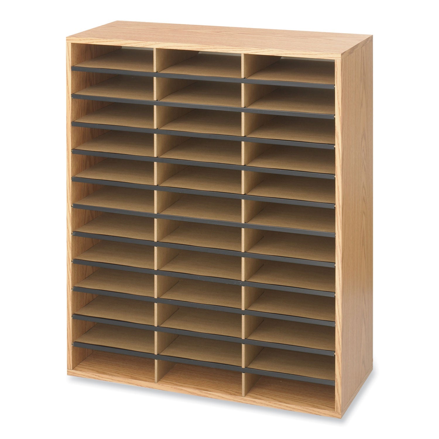 Safco® Wood/Corrugated Literature Organizer, 36 Compartments, 29 x 12 x 34.5, Medium Oak