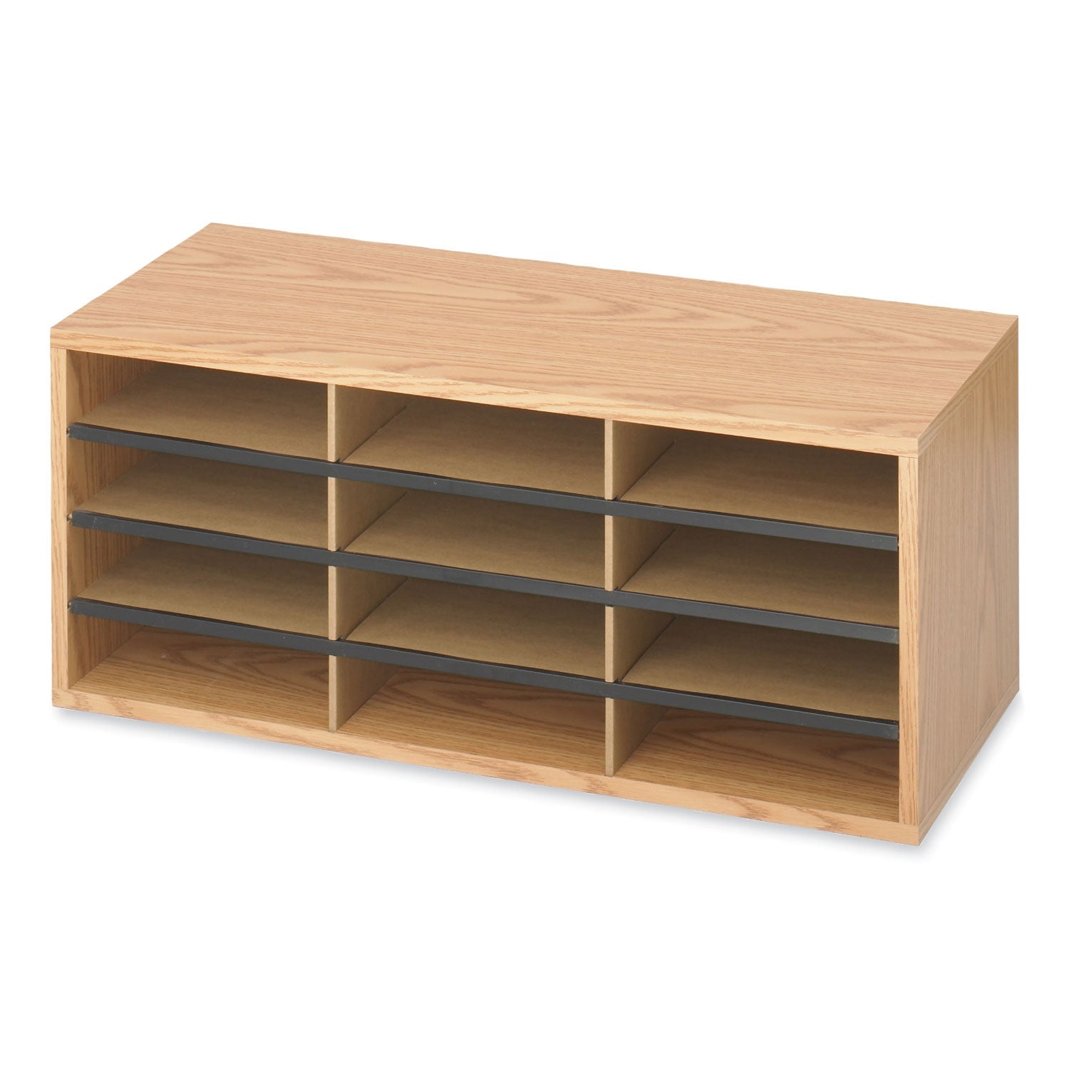 Safco® Wood/Corrugated Literature Organizer, 12 Compartments, 29 x 12 x 12, Medium Oak