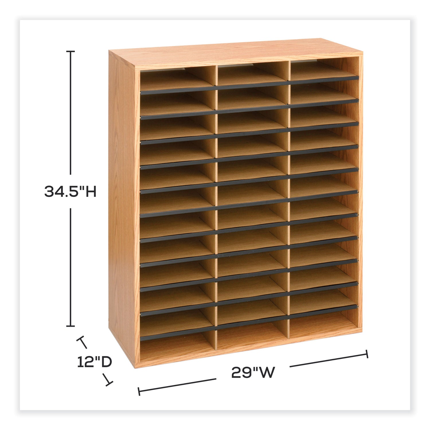 Safco® Wood/Corrugated Literature Organizer, 36 Compartments, 29 x 12 x 34.5, Medium Oak