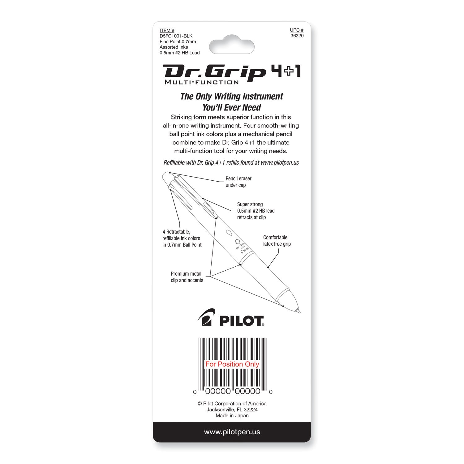 Pilot® Dr. Grip 4 + 1 Multi-Color Ballpoint Pen/Pencil, Retractable, 0.7mm Pen/0.5mm Pencil, Black/Blue/Green/Red Ink, Black Barrel