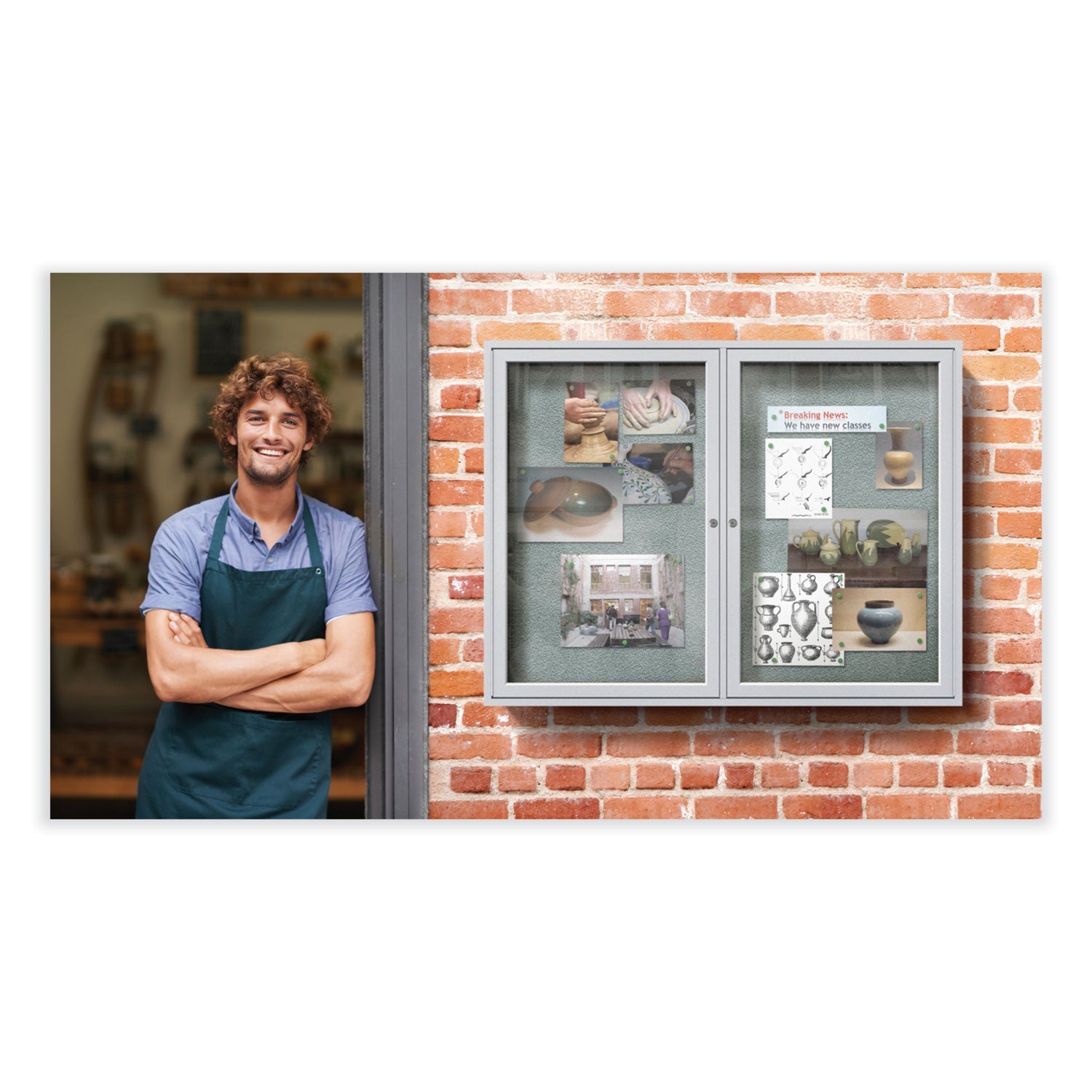 Ghent 2 Door Enclosed Vinyl Bulletin Board with Satin Frame, 60" x 48", Silver Surface, Satin Aluminum Frame - Bloom Skins