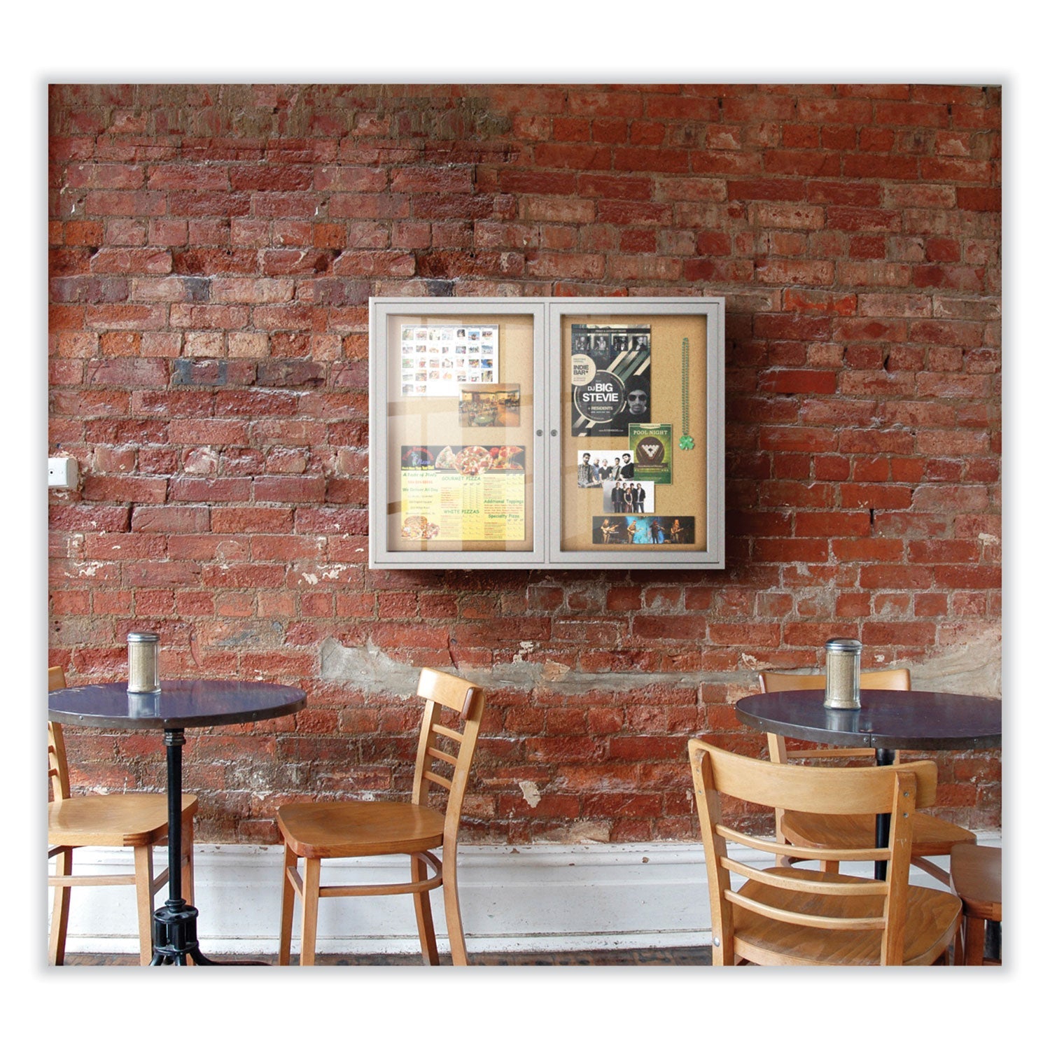 Ghent 3 Door Enclosed Natural Cork Bulletin Board with Satin Frame, 72" x 48", Tan Surface, Satin Aluminum Frame - Bloom Skins