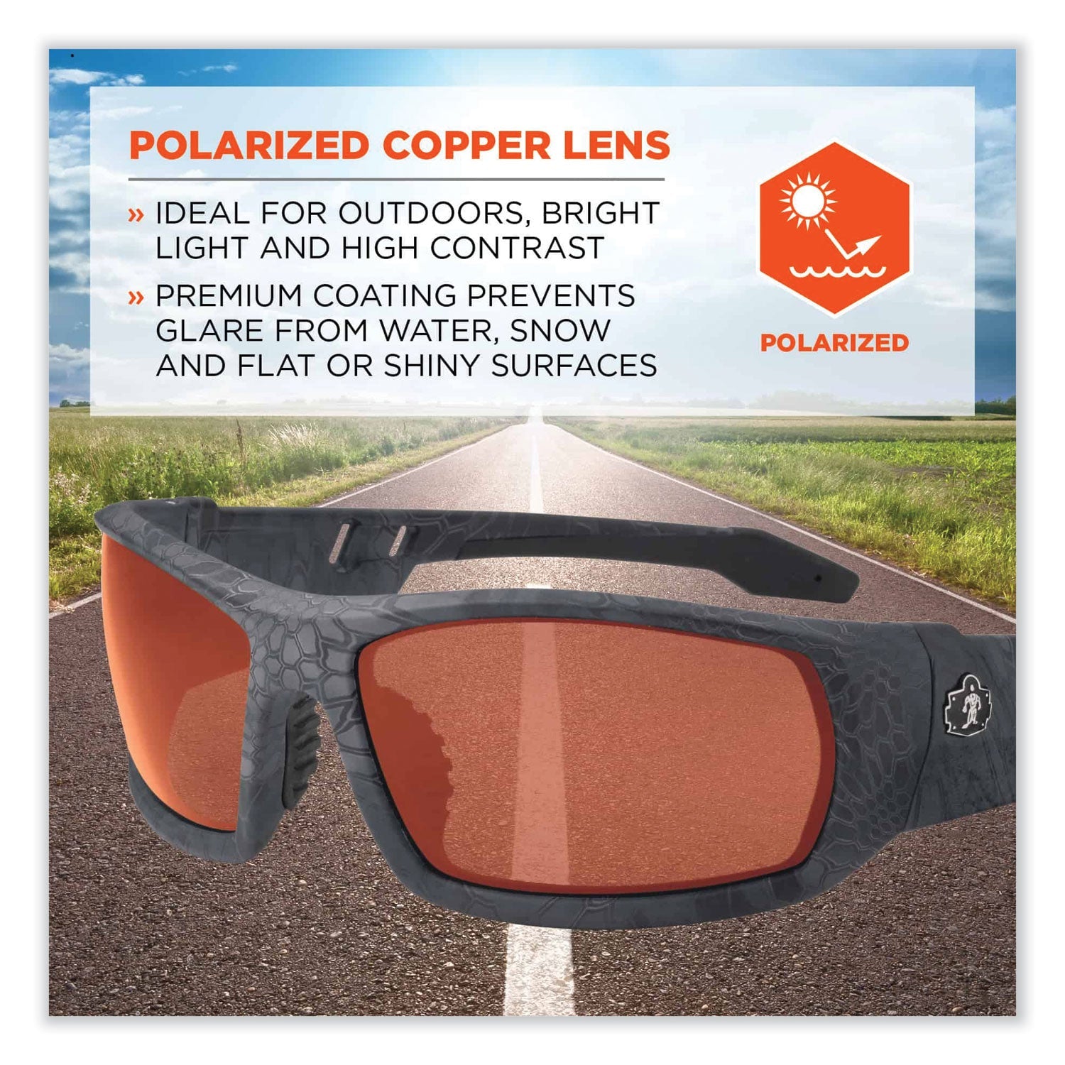 ergodyne® Skullerz Odin Safety Glasses, Kryptek Typhon Nylon Impact Frame, Polarized Copper Polycarbonate Lens