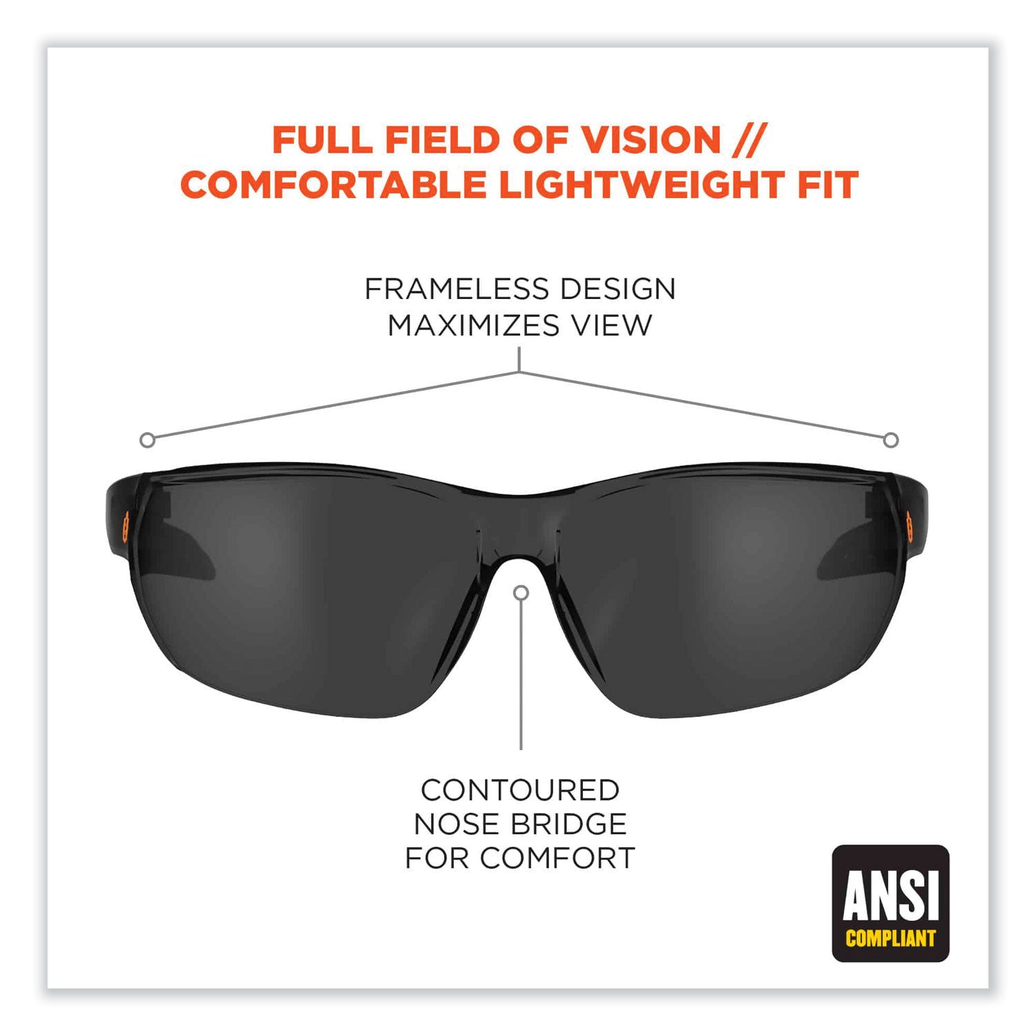 ergodyne® Skullerz Vali Frameless Safety Glasses, Matte Black Nylon Impact Frame, Smoke Polycarbonate Lens