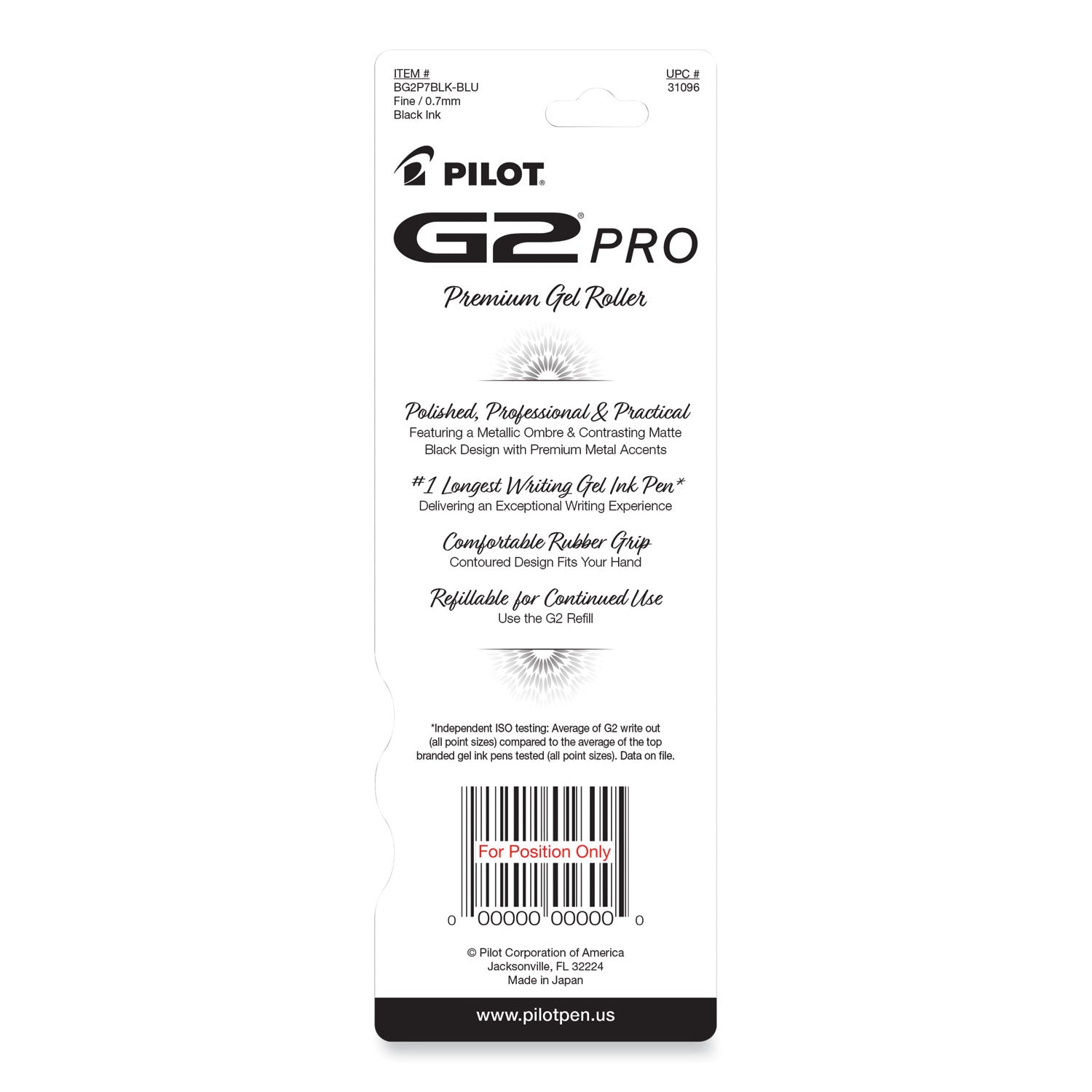 Pilot® G2 Pro Gel Pen, Retractable, Fine 0.7 Mm, Black Ink, Blue Barrel