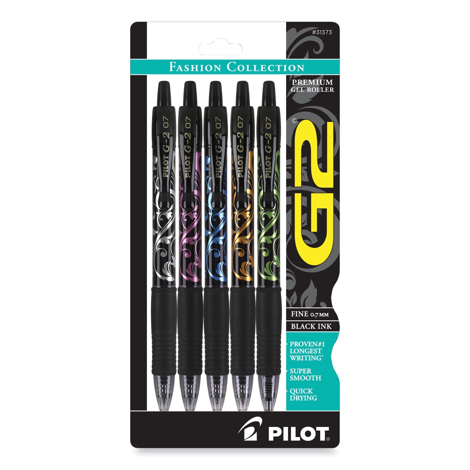 Pilot® G2 Fashion Premium Gel Pen, Retractable, Fine 0.7 Mm, Black Ink, Assorted Barrel Colors, 5/pack