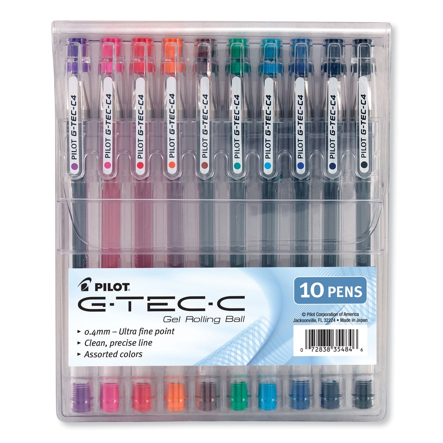 Pilot® G-TEC-C Ultra Gel Pen with Convenient Storage Pouch, Stick, Ultra-Fine 0.4 mm, Assorted Ink and Barrel Colors, 10/Pack