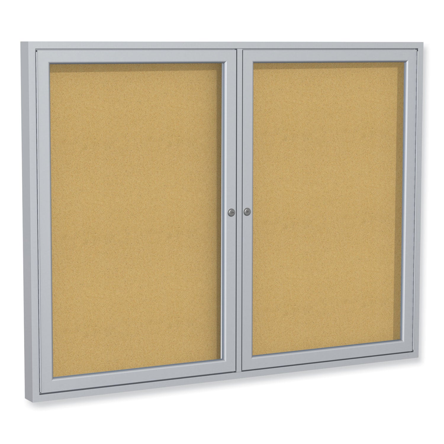 Ghent 2 Door Enclosed Natural Cork Bulletin Board with Satin Frame, 72" x 36", Tan Surface, Satin Aluminum Frame - Bloom Skins