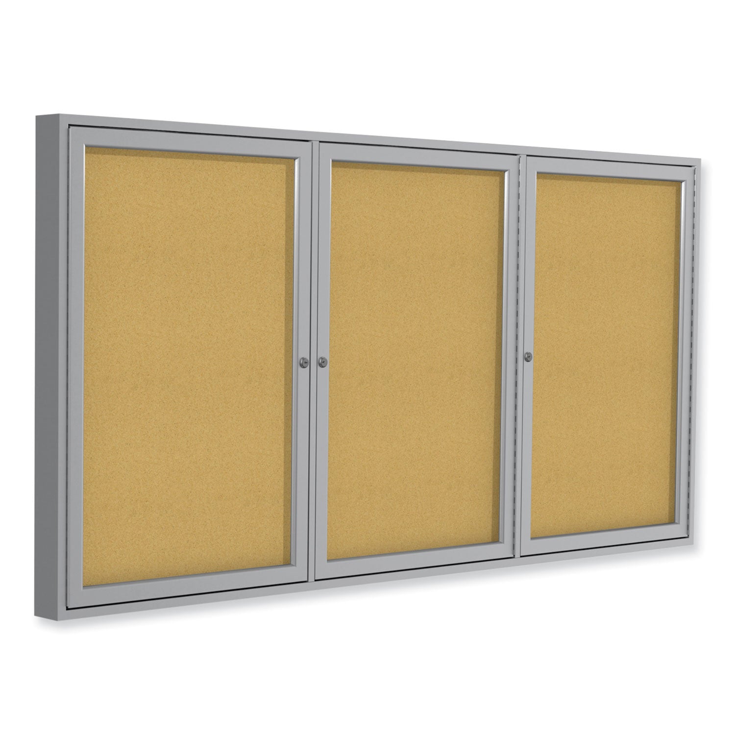 Ghent 3 Door Enclosed Natural Cork Bulletin Board with Satin Frame, 96" x 48", Tan Surface, Satin Aluminum Frame - Bloom Skins
