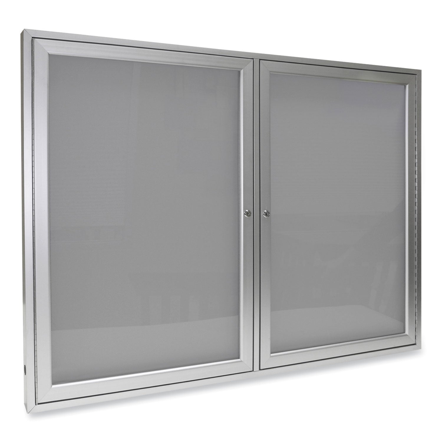 Ghent 2 Door Enclosed Vinyl Bulletin Board with Satin Frame, 60" x 36", Silver Surface, Satin Aluminum Frame - Bloom Skins