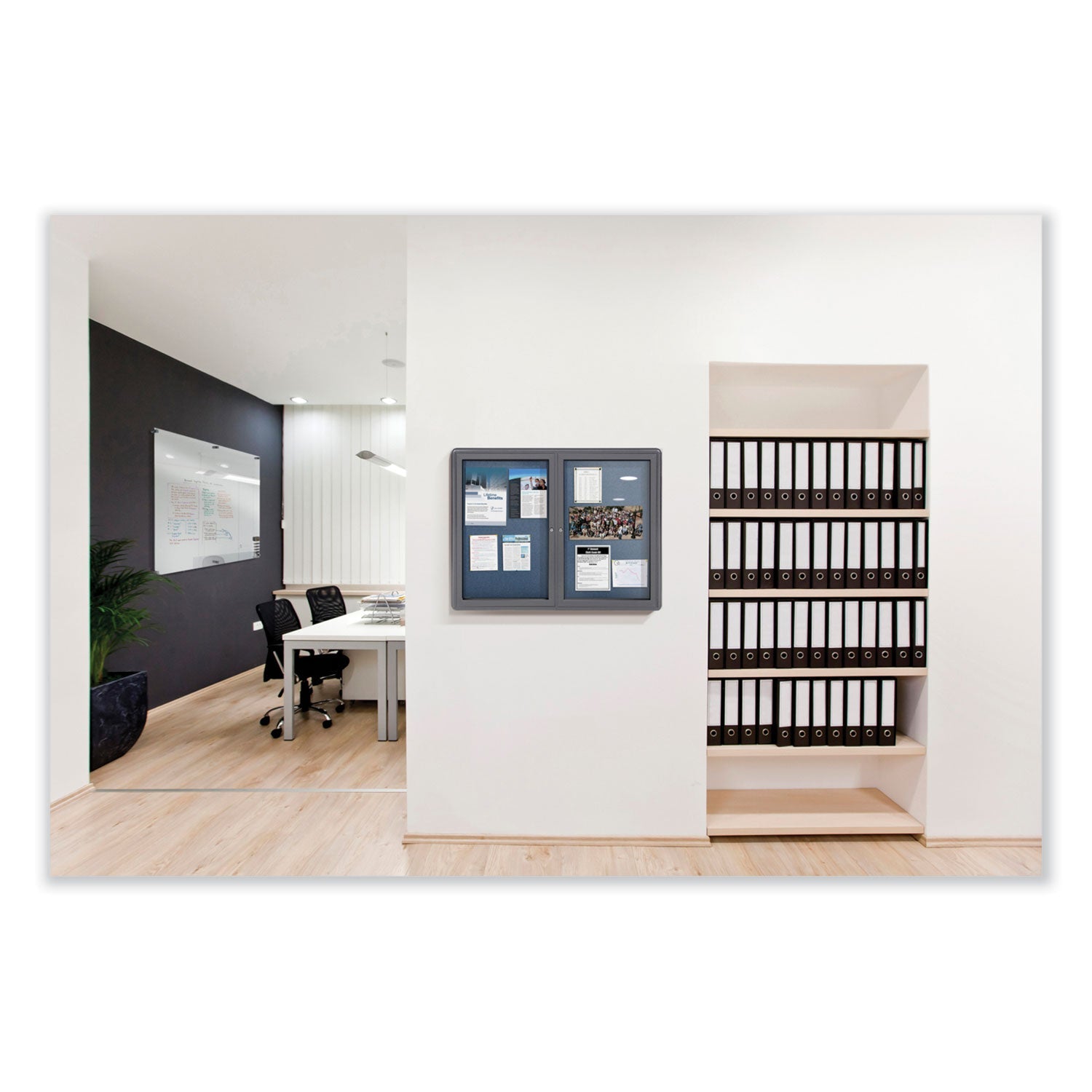 Ghent 2 Door Enclosed Vinyl Bulletin Board with Satin Frame, 60" x 36", Silver Surface, Satin Aluminum Frame - Bloom Skins