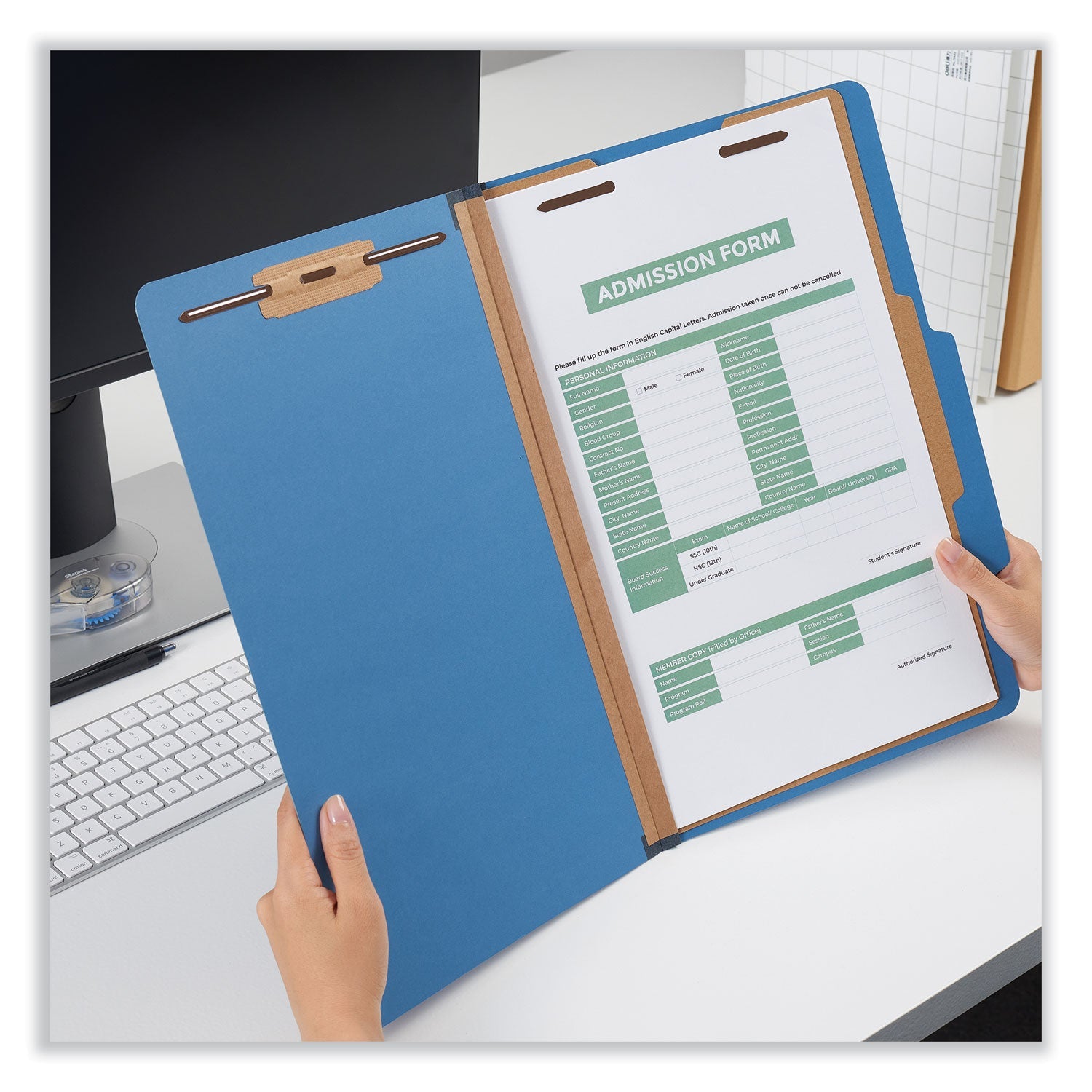 Universal® Bright Colored Pressboard Classification Folders, 2" Expansion, 1 Divider, 4 Fasteners, Legal Size, Cobalt Blue, 10/Box