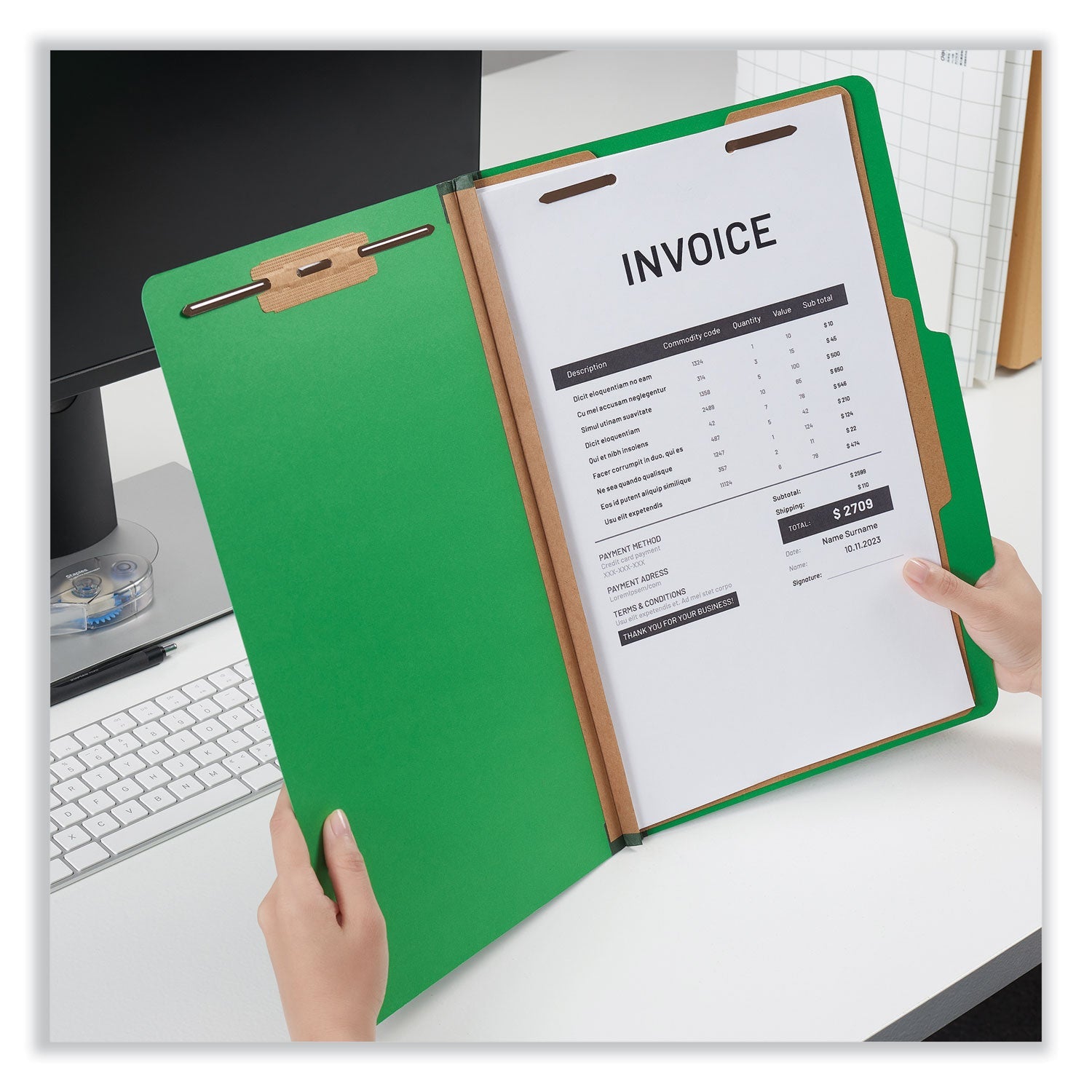 Universal® Bright Colored Pressboard Classification Folders, 2" Expansion, 1 Divider, 4 Fasteners, Legal Size, Emerald Green, 10/Box
