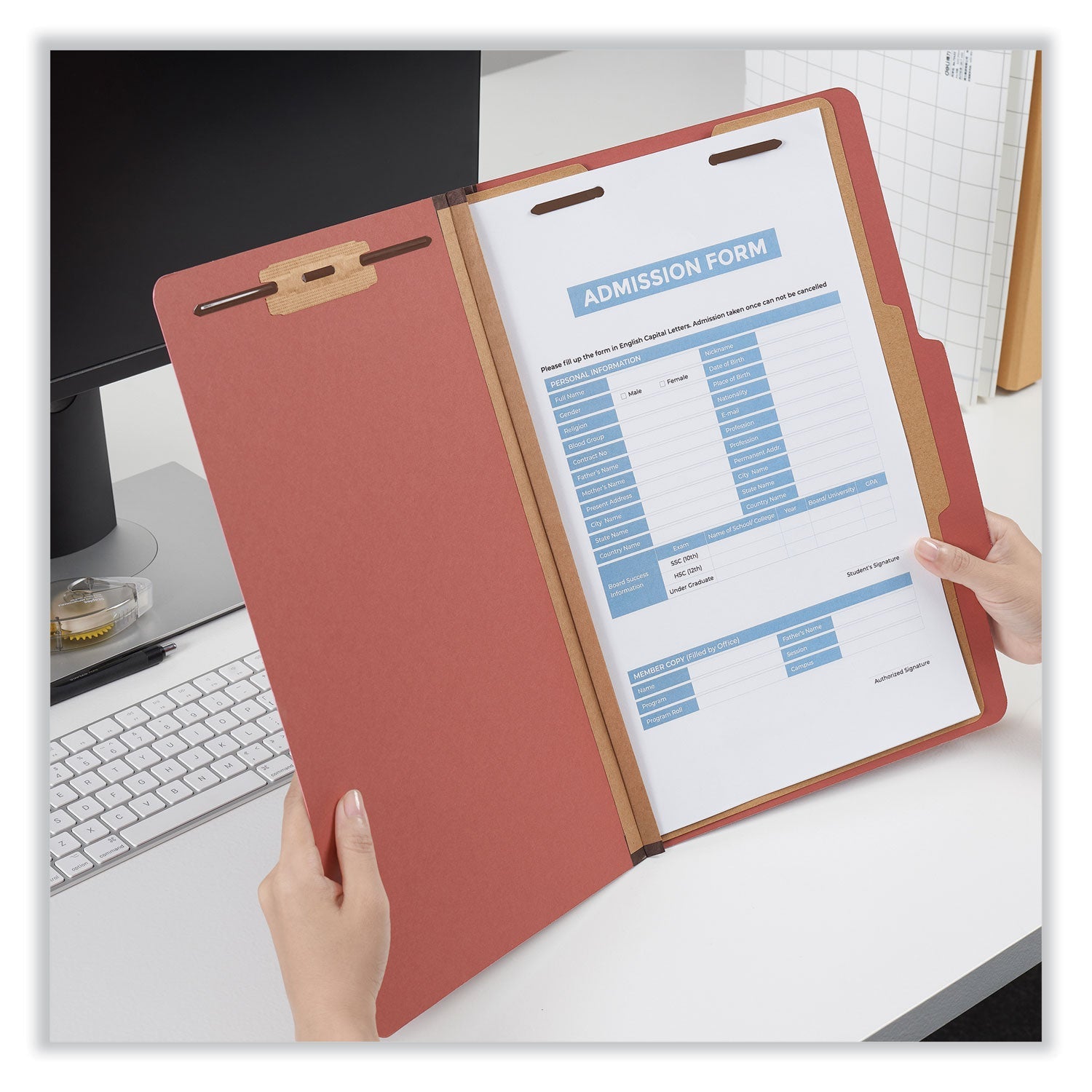 Universal® Four-Section Pressboard Classification Folders, 2" Expansion, 1 Divider, 4 Fasteners, Legal Size, Red Exterior, 10/Box