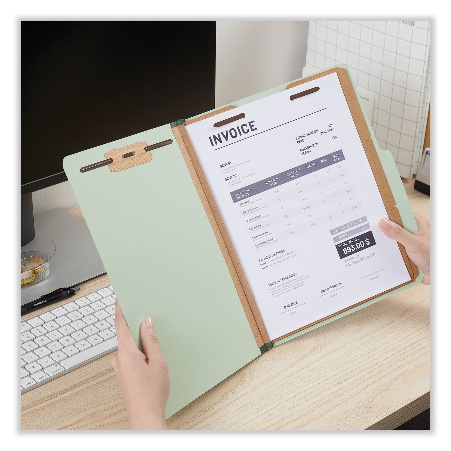 Universal® Eight-Section Pressboard Classification Folders, 3" Expansion, 3 Dividers, 8 Fasteners, Letter Size, Gray-Green, 10/Box