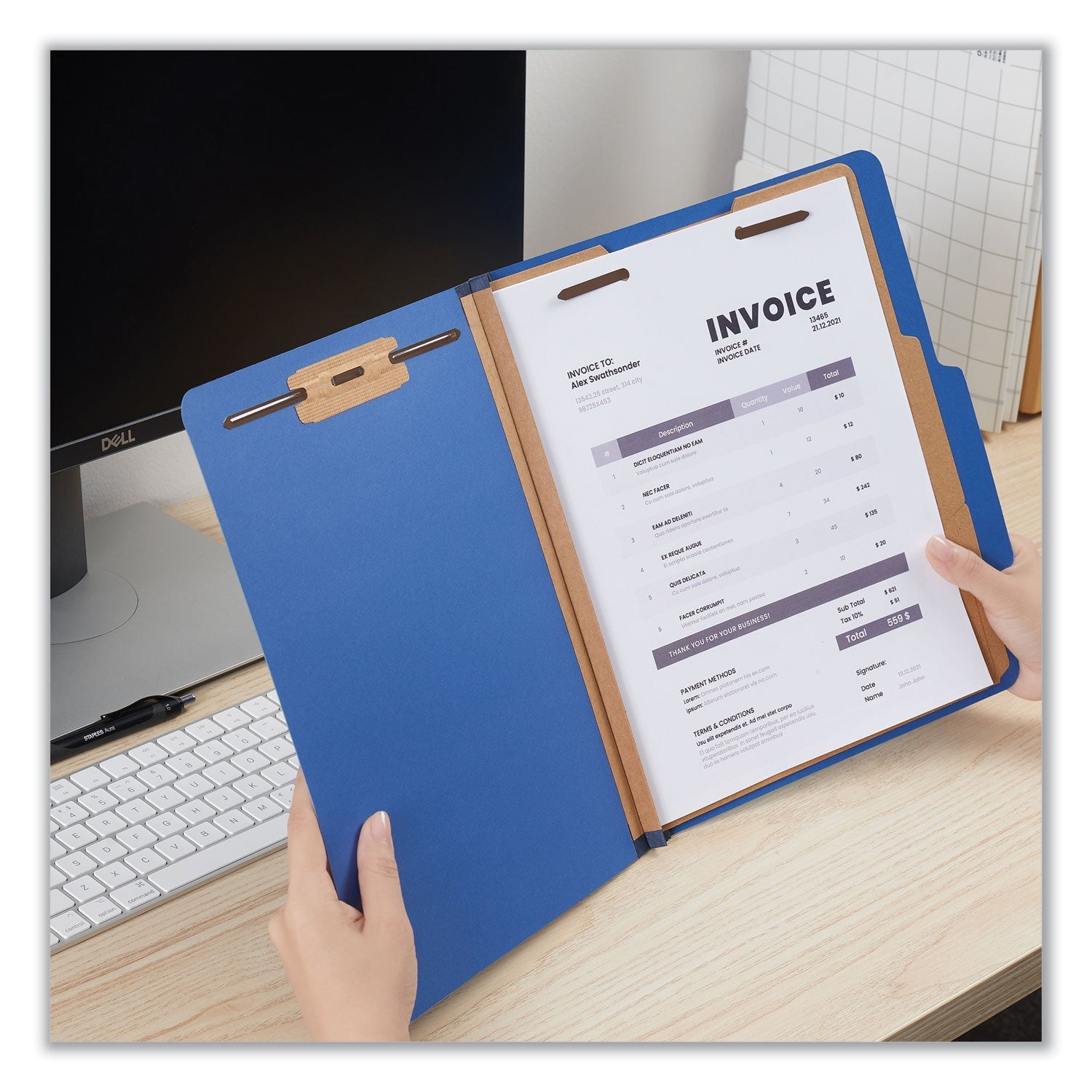 Universal® Six-Section Pressboard Classification Folders, 2.5" Expansion, 2 Dividers, 6 Fasteners, Letter Size, Blue, 10/Box
