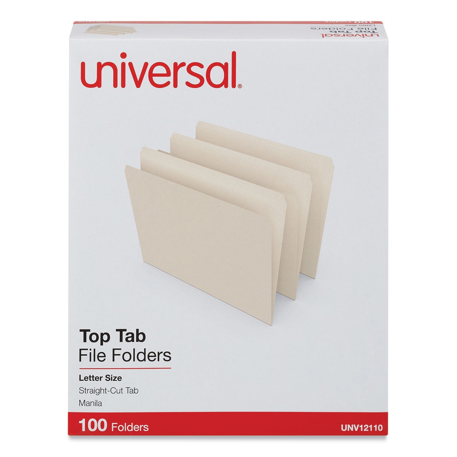 Universal® Top Tab File Folders, Straight Tabs, Letter Size, 0.75" Expansion, Manila, 100/Box