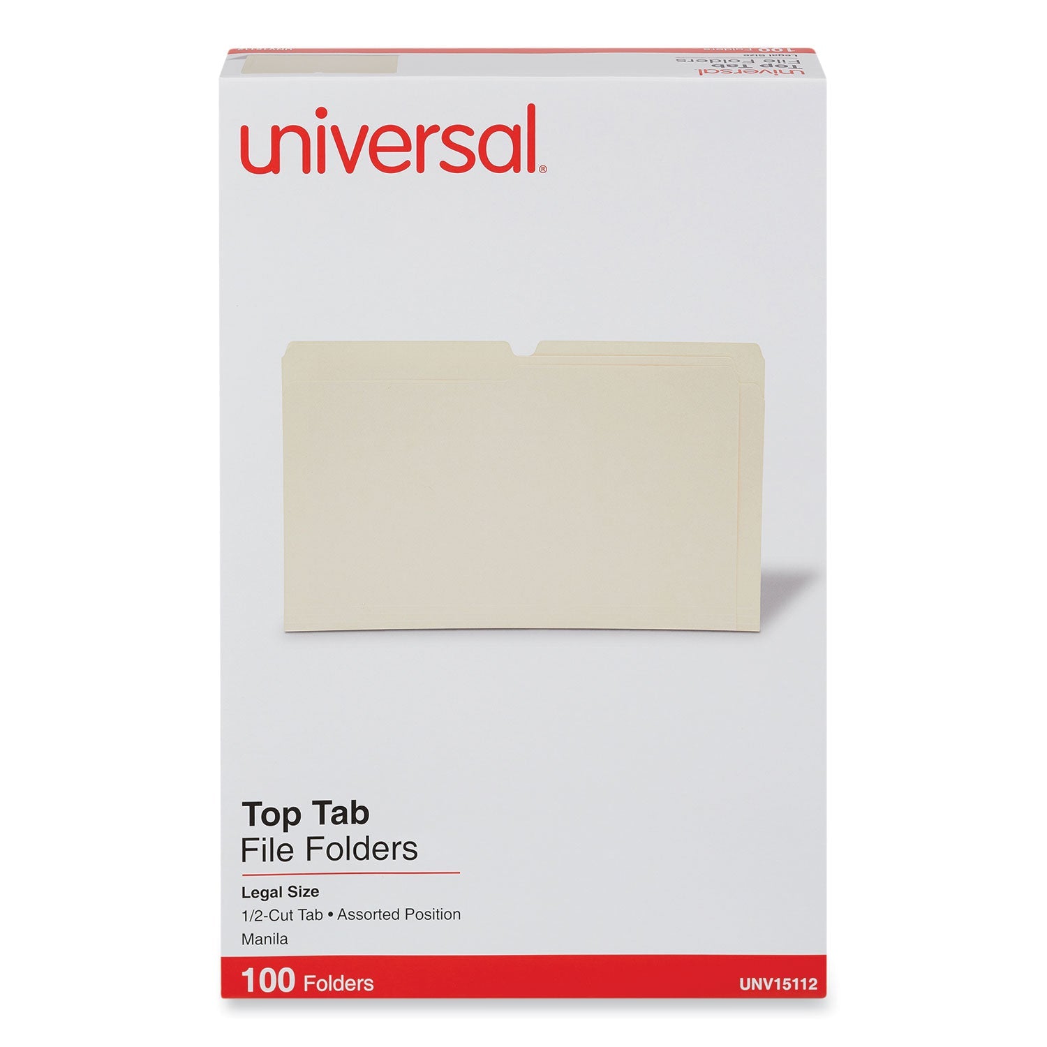 Universal® Top Tab File Folders, 1/2-Cut Tabs: Assorted, Legal Size, 0.75" Expansion, Manila, 100/Box