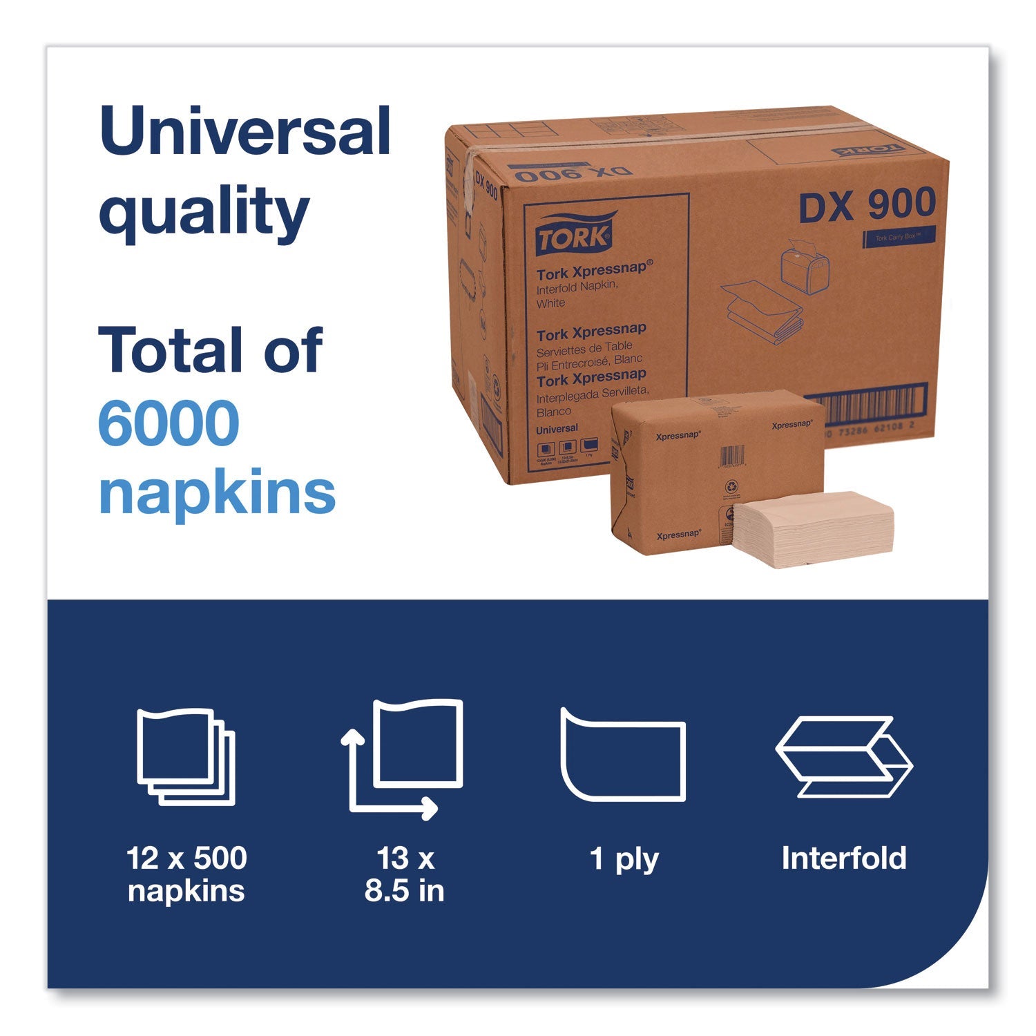 Tork® Xpressnap Interfold Dispenser Napkins, 1-Ply, Bag-Pack, 13 X 8.5", White, 6000/carton