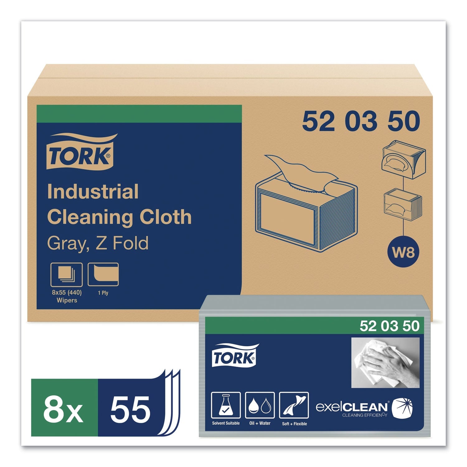 Tork® Industrial Cleaning Cloths, 1-Ply, 12.6 X 15.16, Gray, 55/pack, 8 Packs/carton
