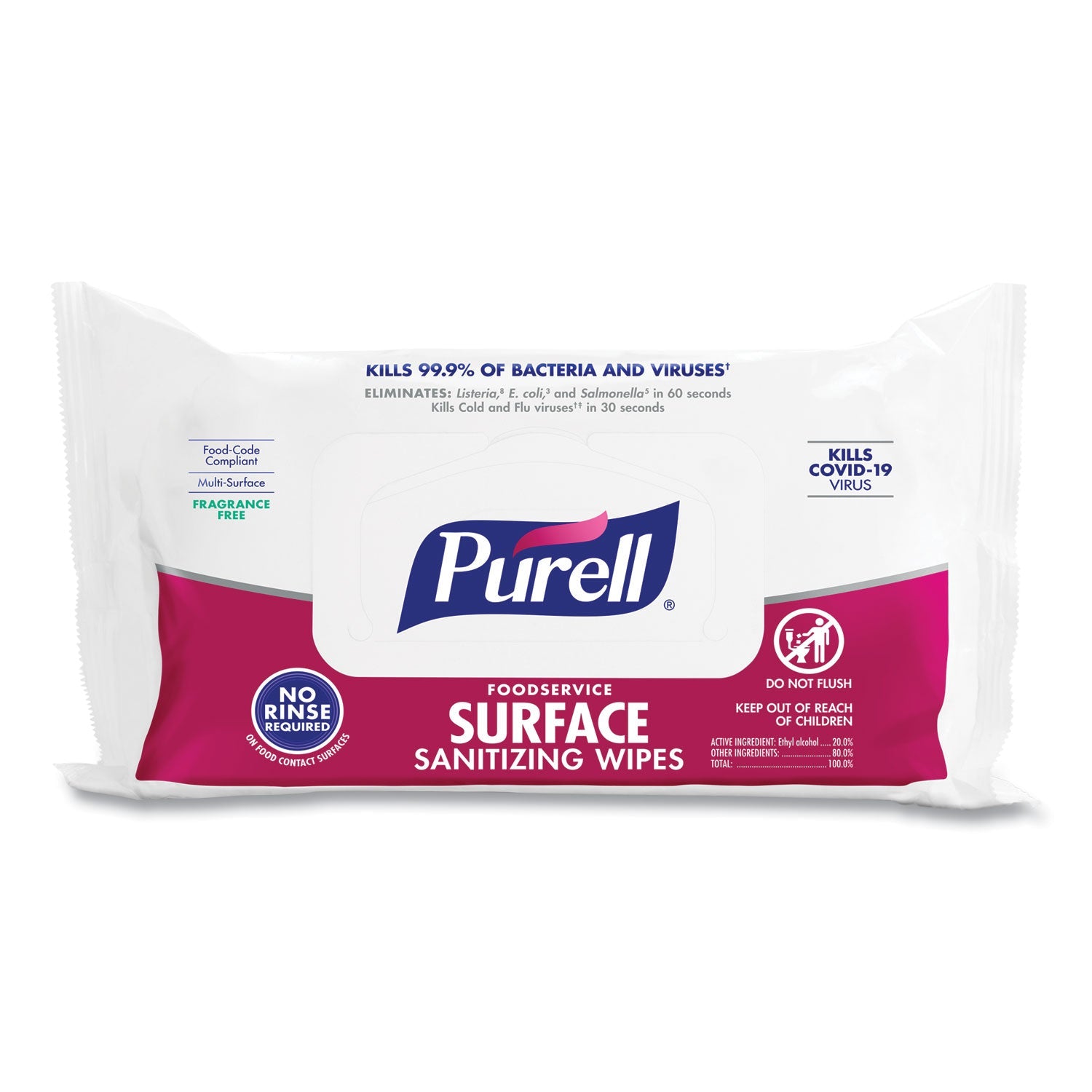 PURELL® Foodservice Surface Sanitizing Wipes, 1-Ply, 7.4 X 9, Fragrance-Free, White, 72/pouch, 12 Pouches/carton
