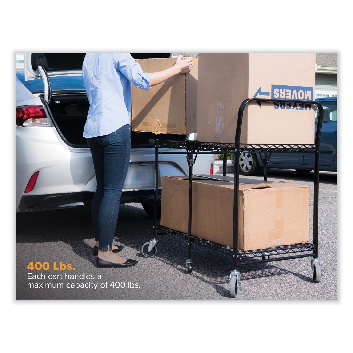Bostitch® Stowaway Folding Carts, Metal, 2 Shelves, 250 lb Capacity, 29.63" x 37.25" x 18", Black - Bloom Skins