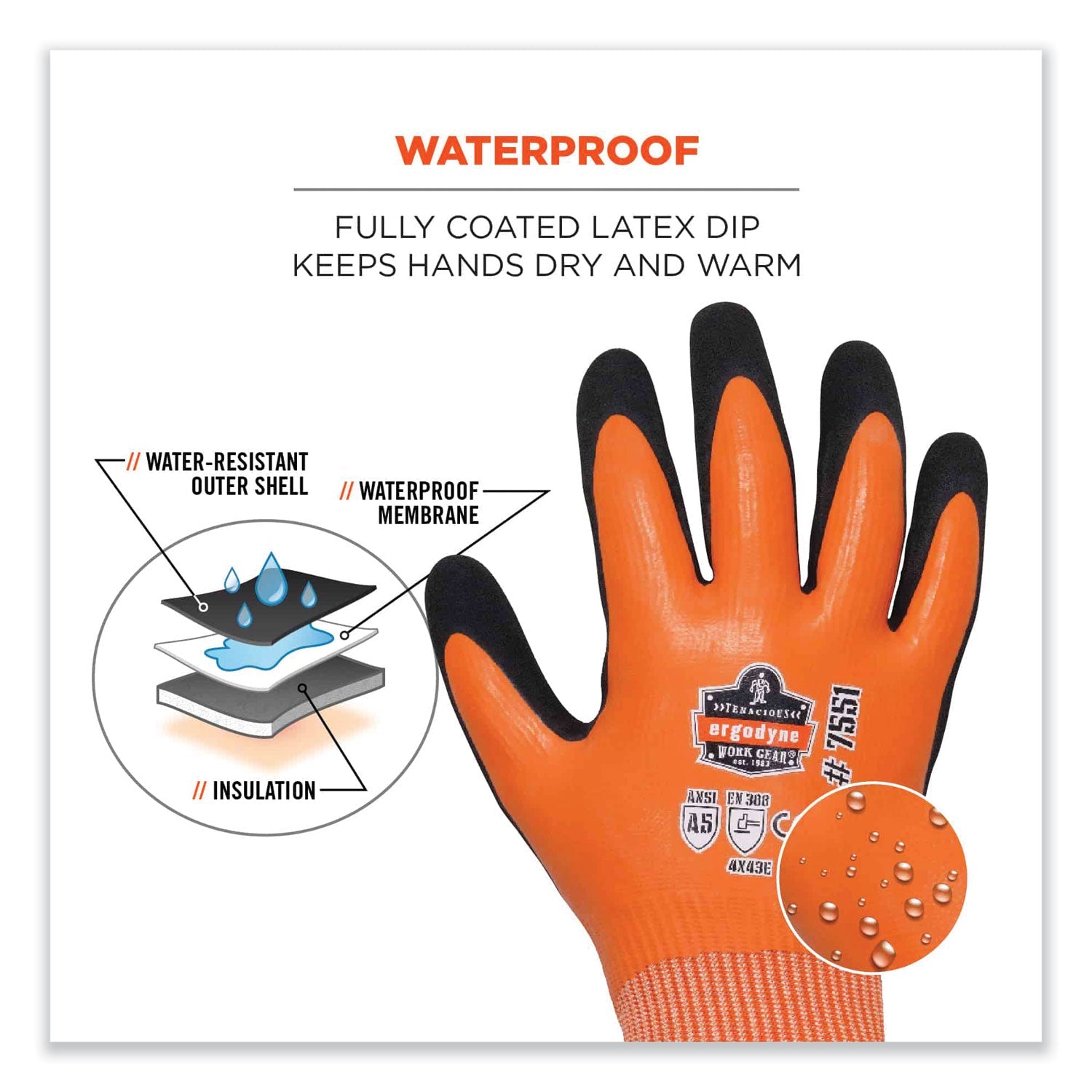 ergodyne® ProFlex 7551 ANSI A5 Coated Waterproof CR Gloves, Small, Orange, Pair