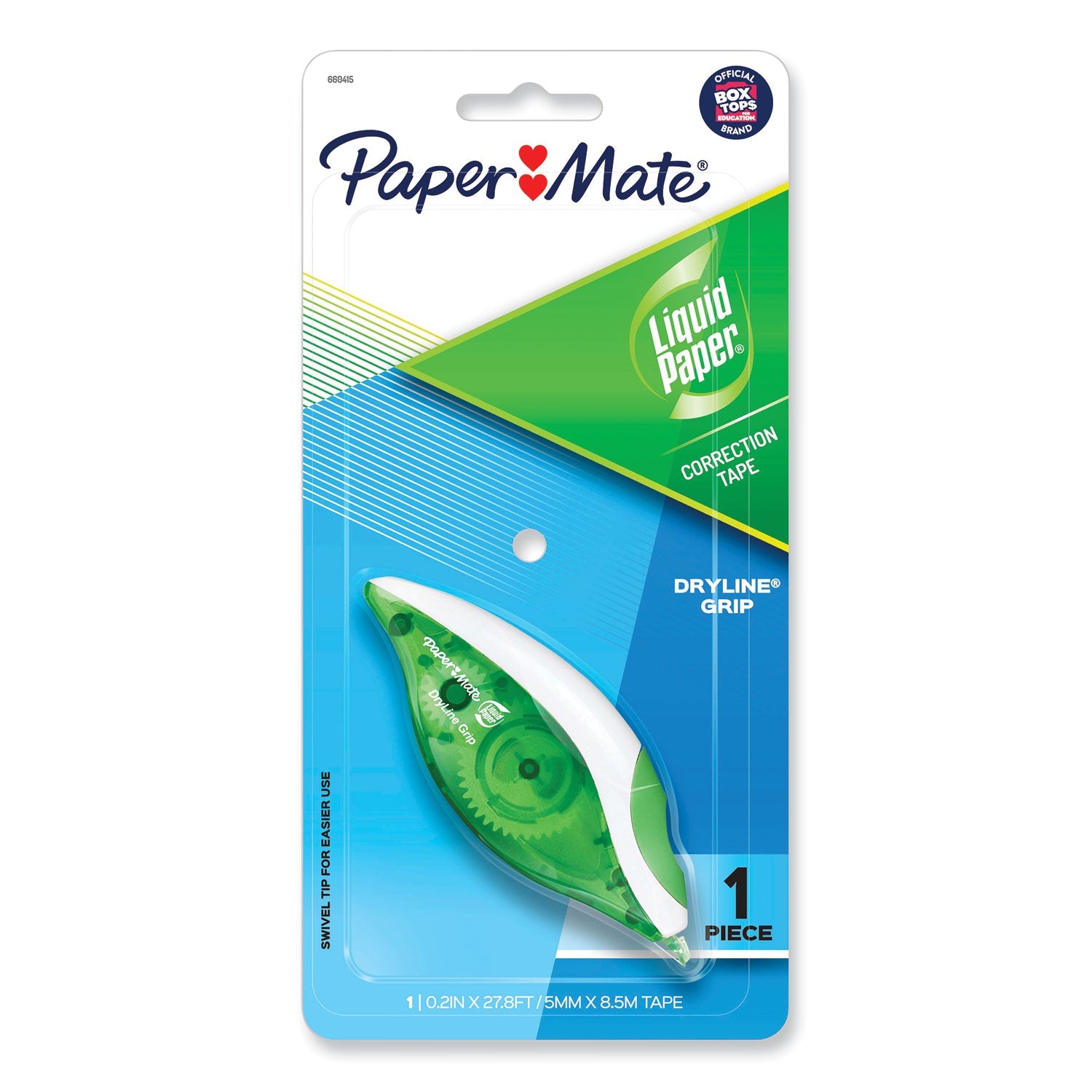Paper Mate® Liquid Paper® DryLine Grip Correction Tape, Non-Refillable, Gray/Green Applicator, 0.2" x 335"