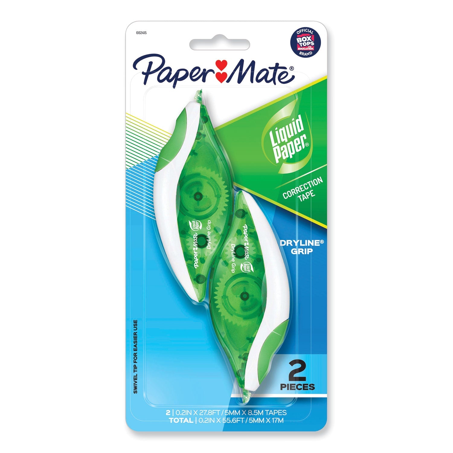 Paper Mate® Liquid Paper® DryLine Grip Correction Tape, Non-Refillable, Gray/Green Applicator, 0.2" x 335", 2/Pack