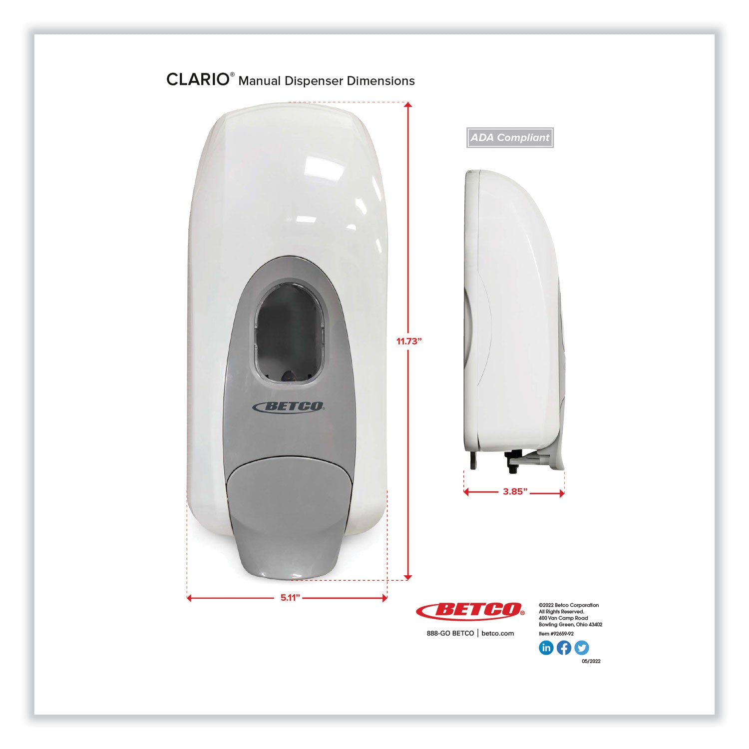 Betco® Clario Dispensing System Manual Foam Dispenser, 1,000 mL, 5.11 x 3.85 x 11.73,  White, 12/Carton