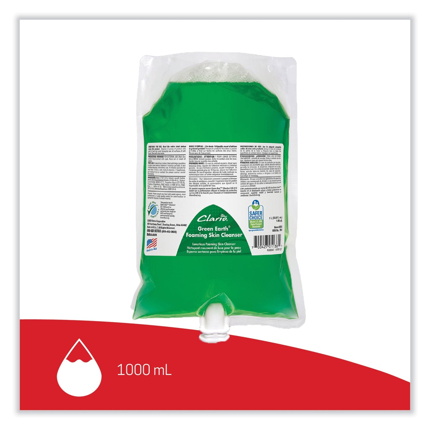 Betco® Green Earth Foaming Skin Cleanser Refill, Fresh Meadow Scent, 1,000 mL, 6/Carton
