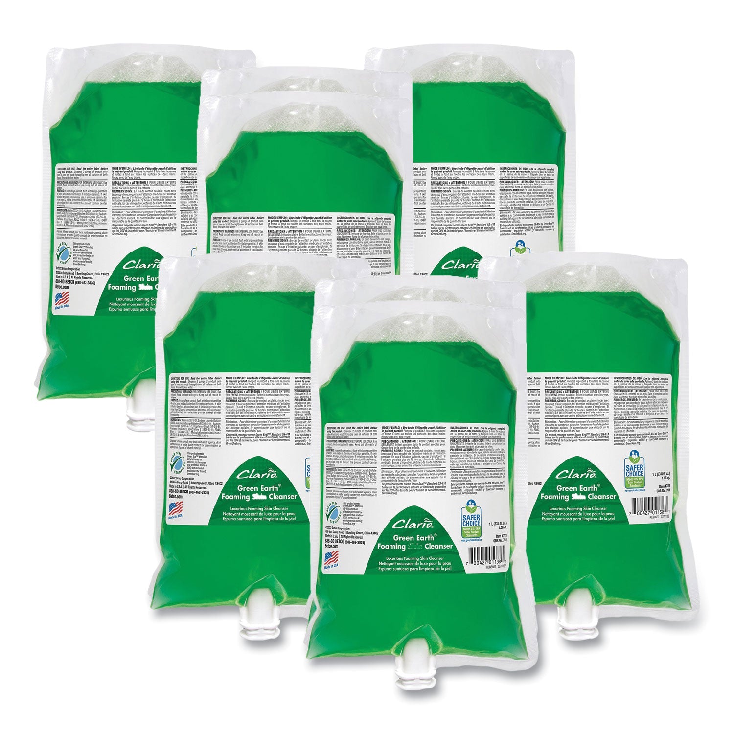 Betco® Green Earth Foaming Skin Cleanser Refill, Fresh Meadow Scent, 1,000 mL, 6/Carton