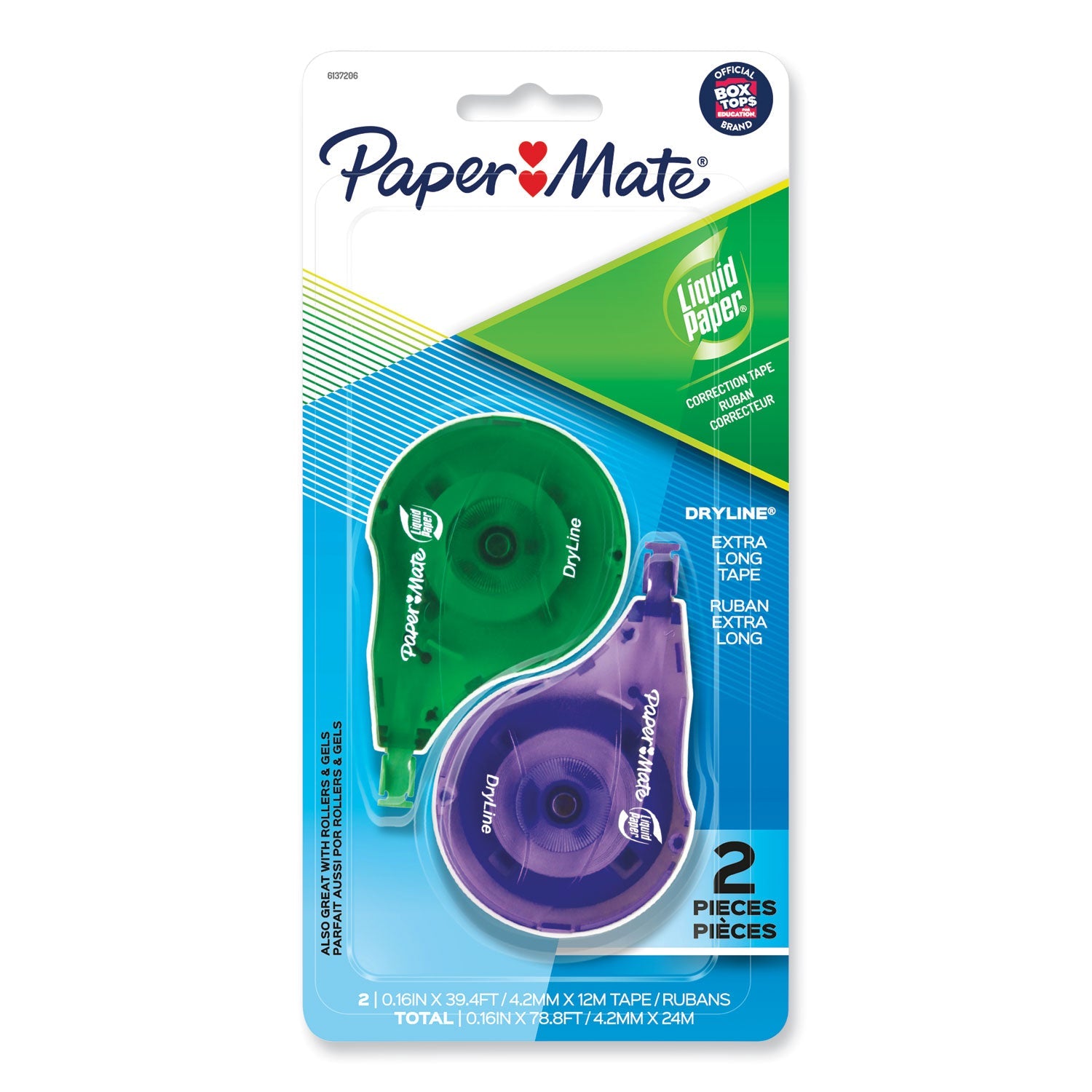 Paper Mate® Liquid Paper® DryLine Correction Tape, Non-Refillable, Green/Purple Applicators, 0.17" x 472", 2/Pack