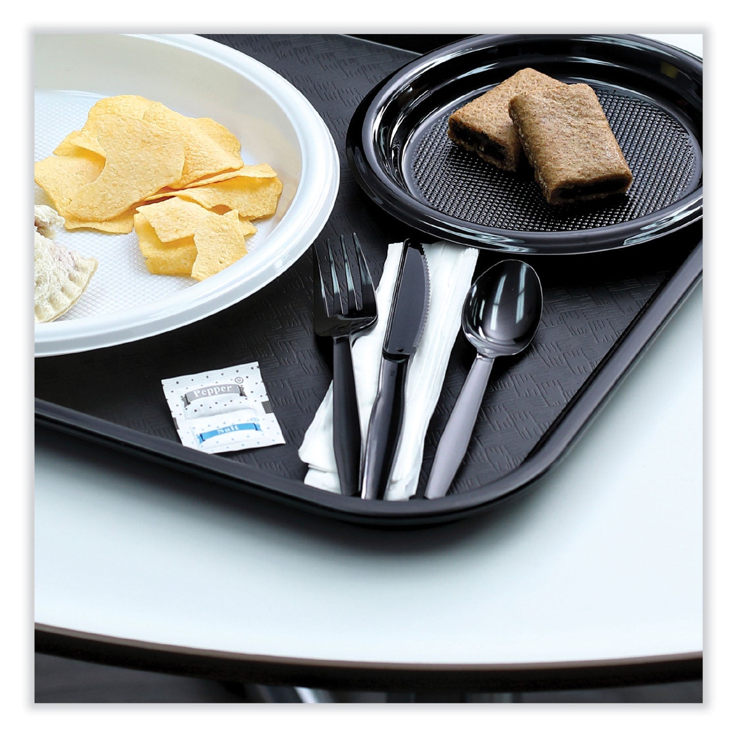 Boardwalk® Six-Piece Cutlery Kit, Mediumweight, Fork/Knife/Napkin/Pepper/Salt/Spoon, Plastic, Black, 250/Carton