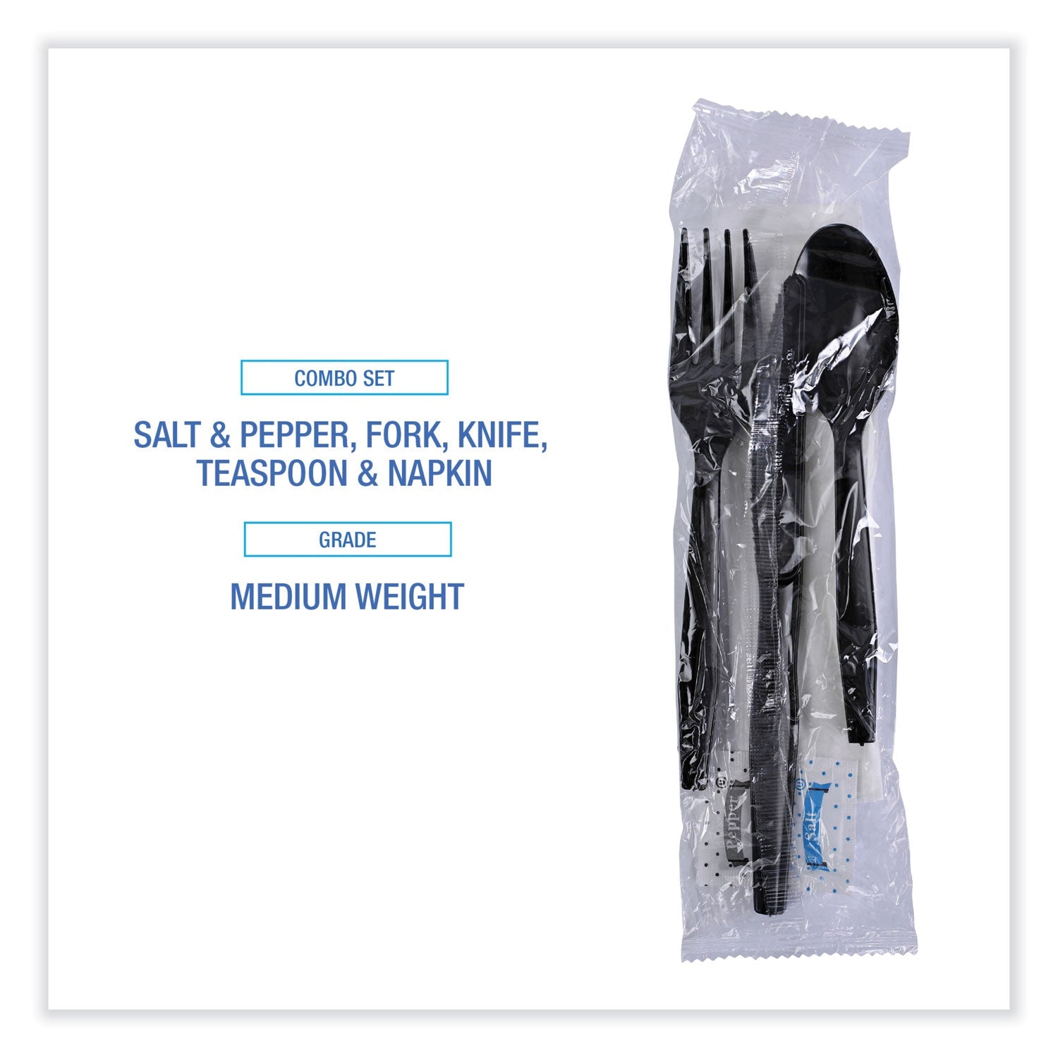 Boardwalk® Six-Piece Cutlery Kit, Mediumweight, Fork/Knife/Napkin/Pepper/Salt/Spoon, Plastic, Black, 250/Carton