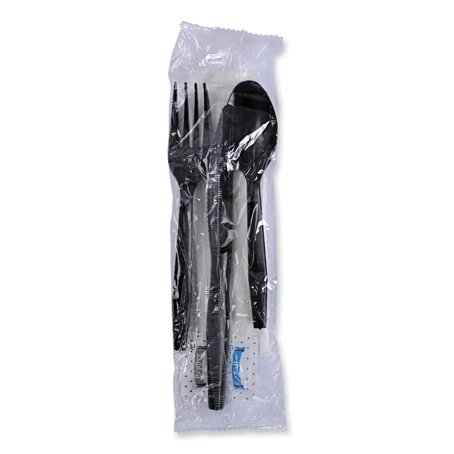Boardwalk® Six-Piece Cutlery Kit, Mediumweight, Fork/Knife/Napkin/Pepper/Salt/Spoon, Plastic, Black, 250/Carton