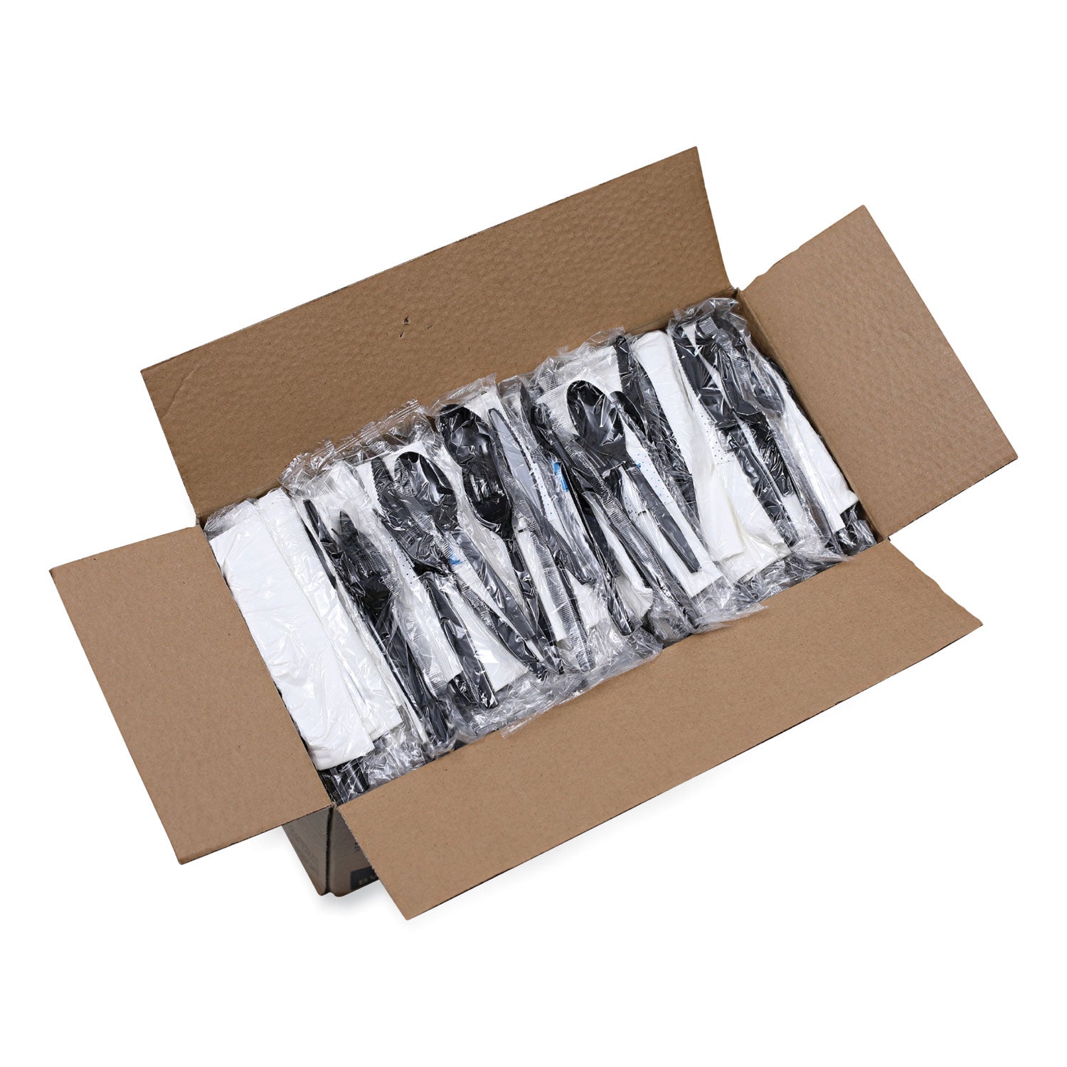 Boardwalk® Six-Piece Cutlery Kit, Mediumweight, Fork/Knife/Napkin/Pepper/Salt/Spoon, Plastic, Black, 250/Carton
