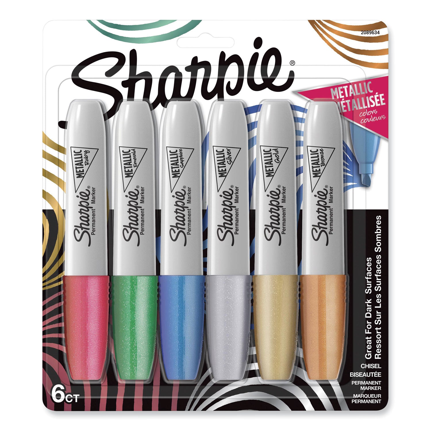 Sharpie® Metallic Chisel Tip Permanent Marker, Medium Chisel Tip, Assorted, 6/pack