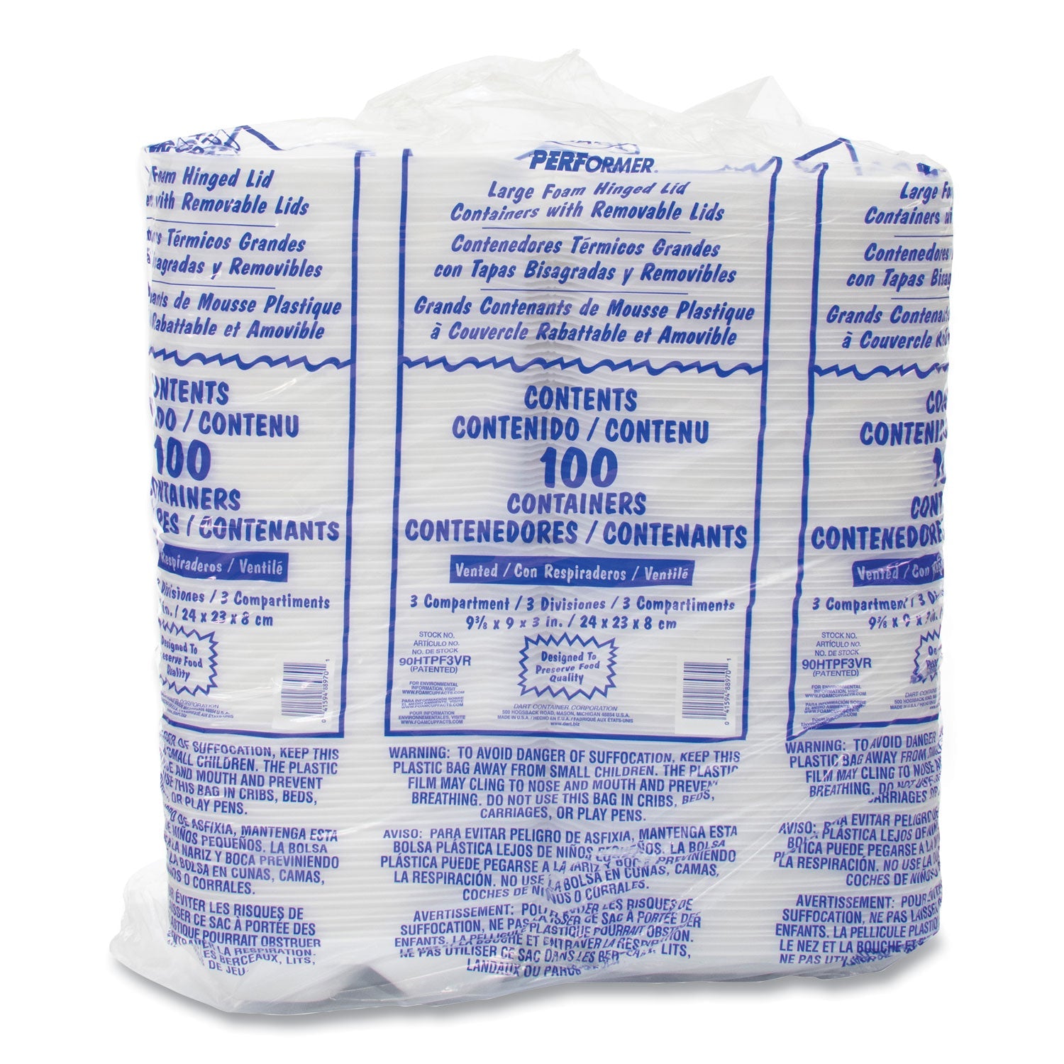 Dart® Insulated Foam Hinged Lid Containers, 3 Compartments, 9.01 x 9.4 x 3.1, White, 200/Carton - Bloom Skins