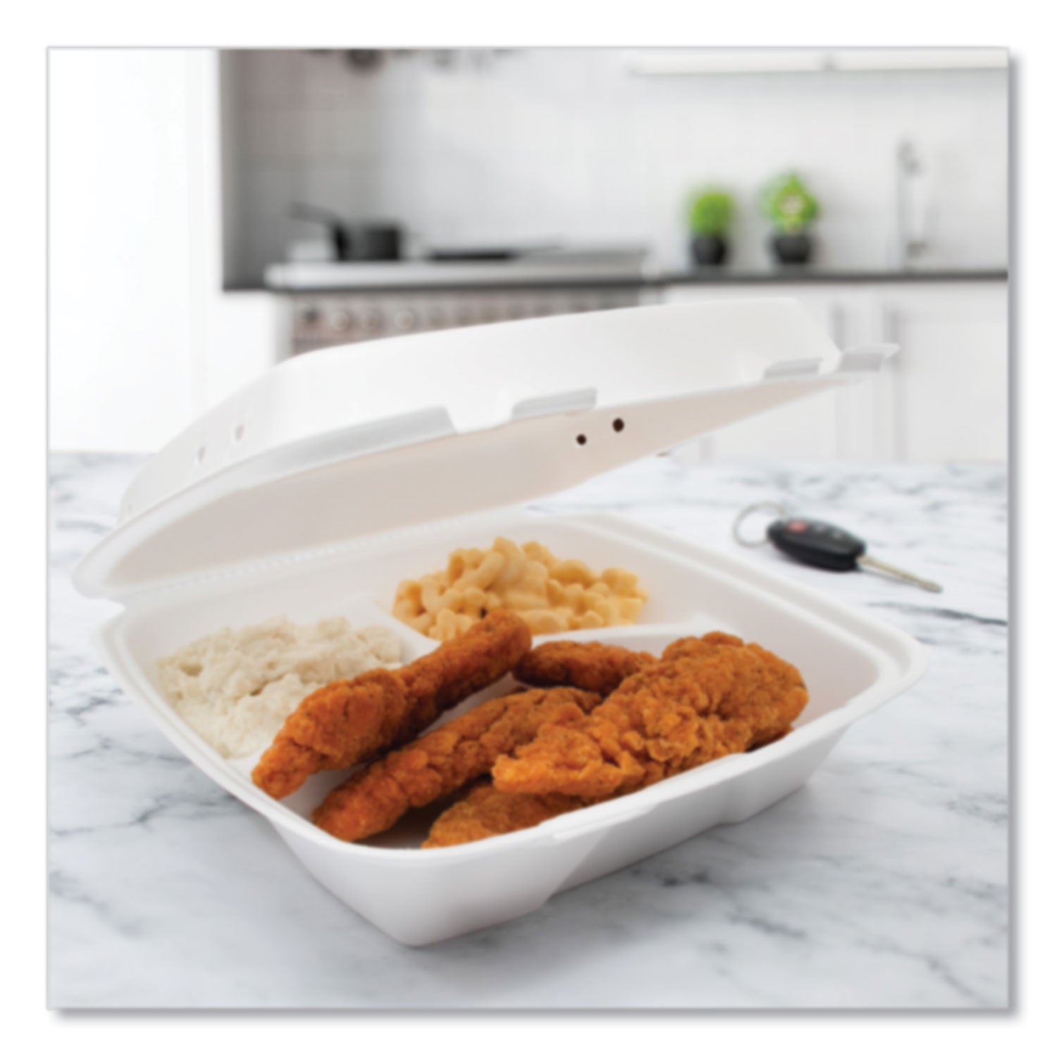 Dart® Insulated Foam Hinged Lid Containers, 3 Compartments, 9.01 x 9.4 x 3.1, White, 200/Carton - Bloom Skins