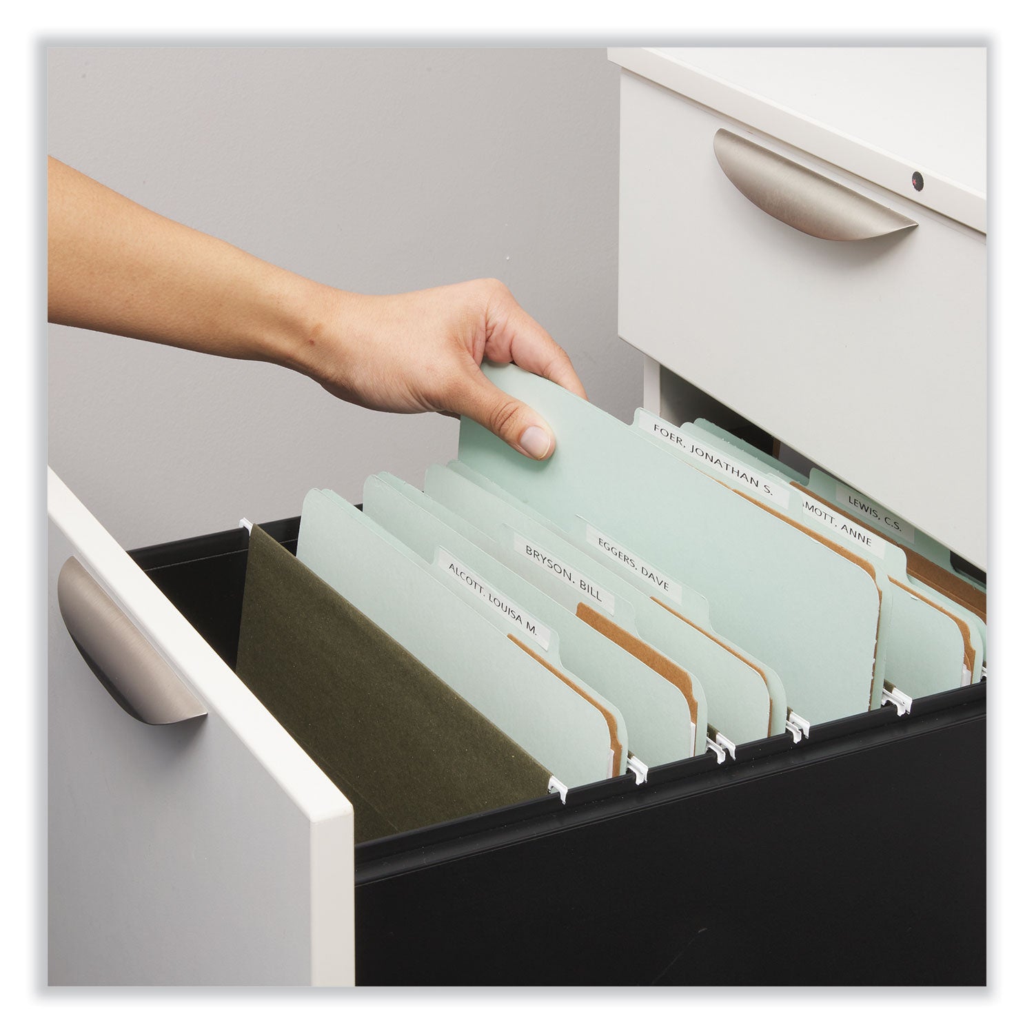 Universal® Eight-Section Pressboard Classification Folders, 3" Expansion, 3 Dividers, 8 Fasteners, Letter Size, Gray-Green, 10/Box